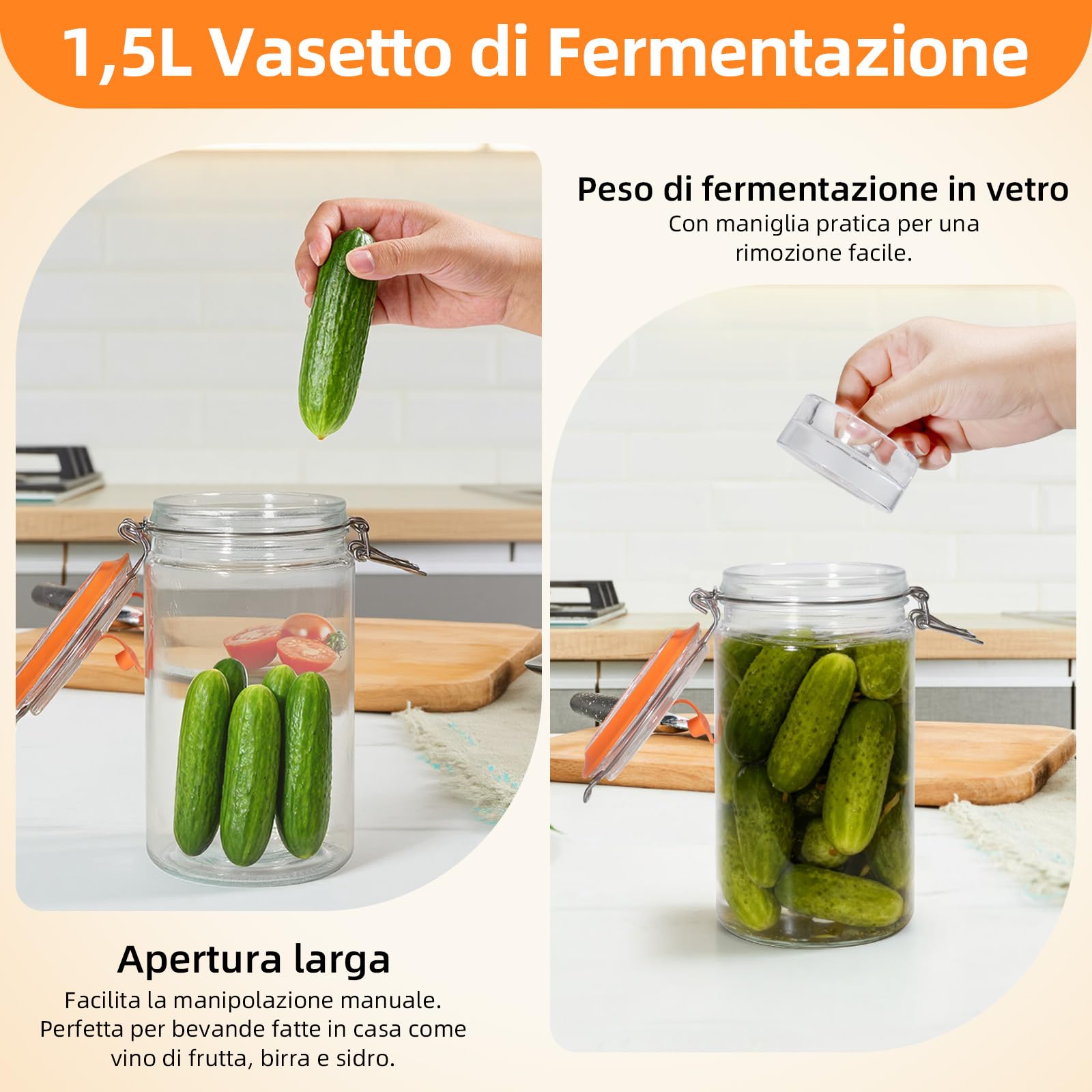 Kit di 2 Barattoli per Fermentazione da 1,5L con Pesi in Vetro - Contenitore per Kimchi, Crauti, Kombucha & Verdure Sottaceto - Include 2 Barattoli e 2 Pesi