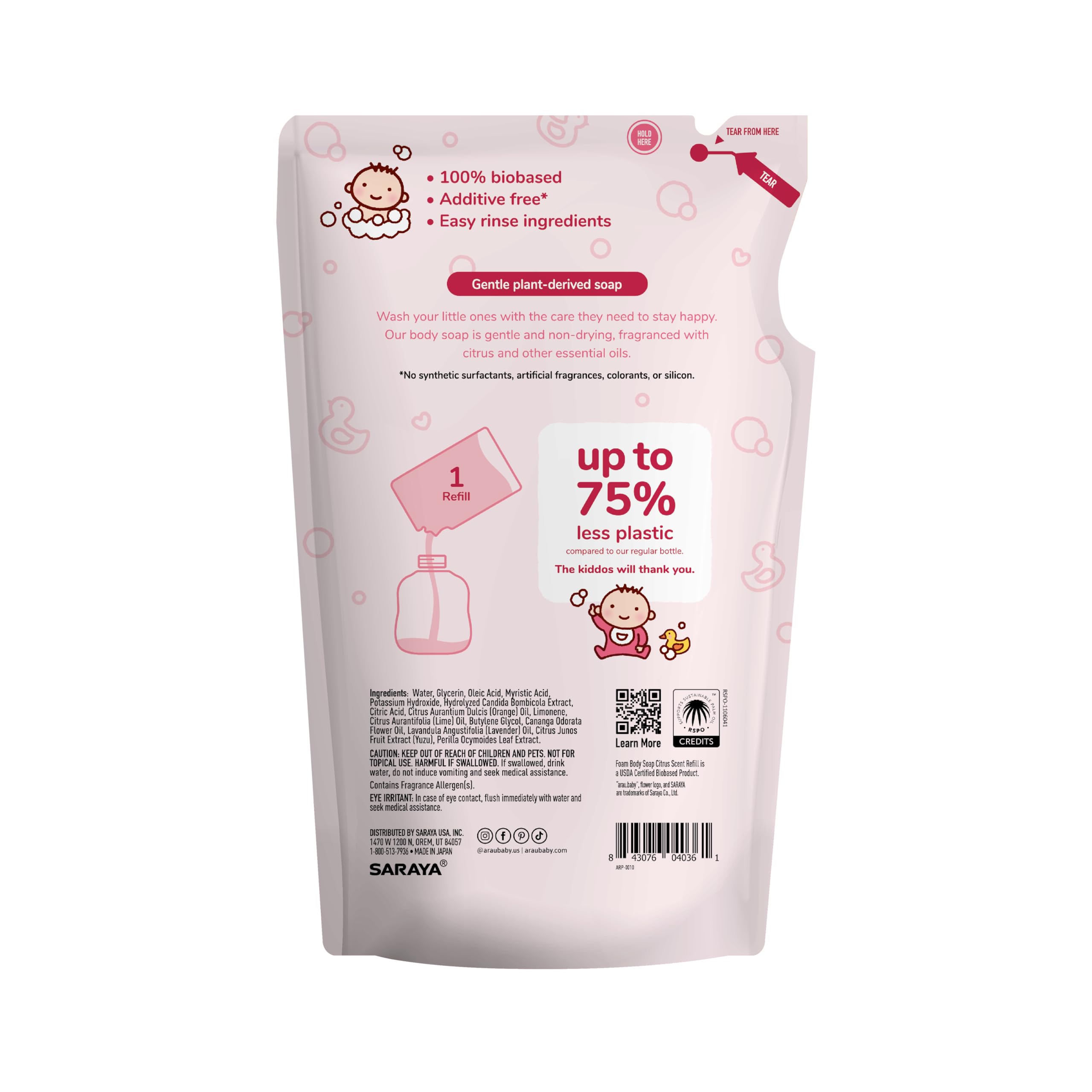 Arau Baby Foam Body Soap, Citrus Scent Refill, Natural Plant Based Foaming Body Wash for Babies, Infants and Toddlers, Gentle on Sensitive Skin, No Artificial Fragrance or Additives, 15.21 Fl Oz