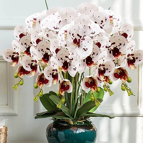Miniatura 5 de HinyoCo 6 piezas de orquídeas artificiales Phalaenopsis flores artificiales de tallo de 32 pulgadas para decoración del hogar y boda (blanco con