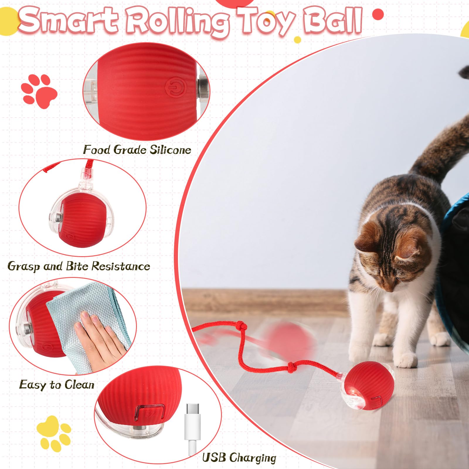 JWOGNGLS Elektrischer Katzenball - USB-aufladbar Mit 4 Modi & Hindernisvermeidung