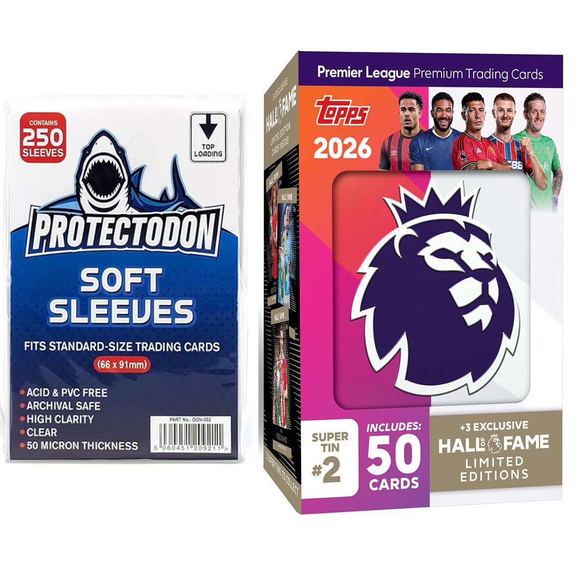 Topps Premier League 2025/26 Super Tin #2 (seria Hall of Fame) | zawiera 50 kart plus 3 ikony Hall of Fame, karty kolekcjonerskie + 250 rękawów na karty Protectodon