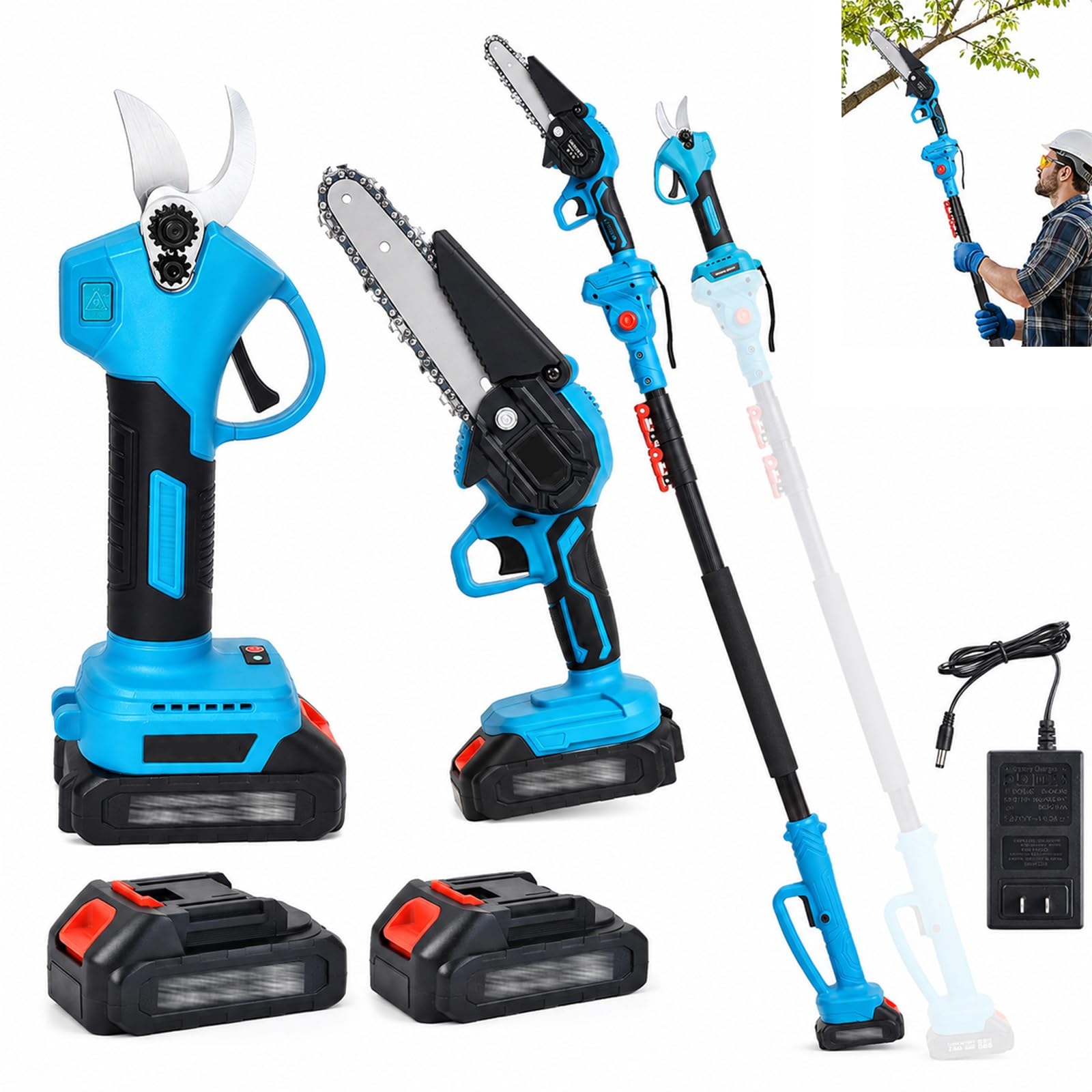 Kit de Poda de Árboles 4 en 1 Sierra de Pértiga y Tijeras Eléctricas | Mini Motosierra con Poste Extensible, Motor Brushless, 2 Baterías 20V para Corte de Ramas Múltiples Ángulos