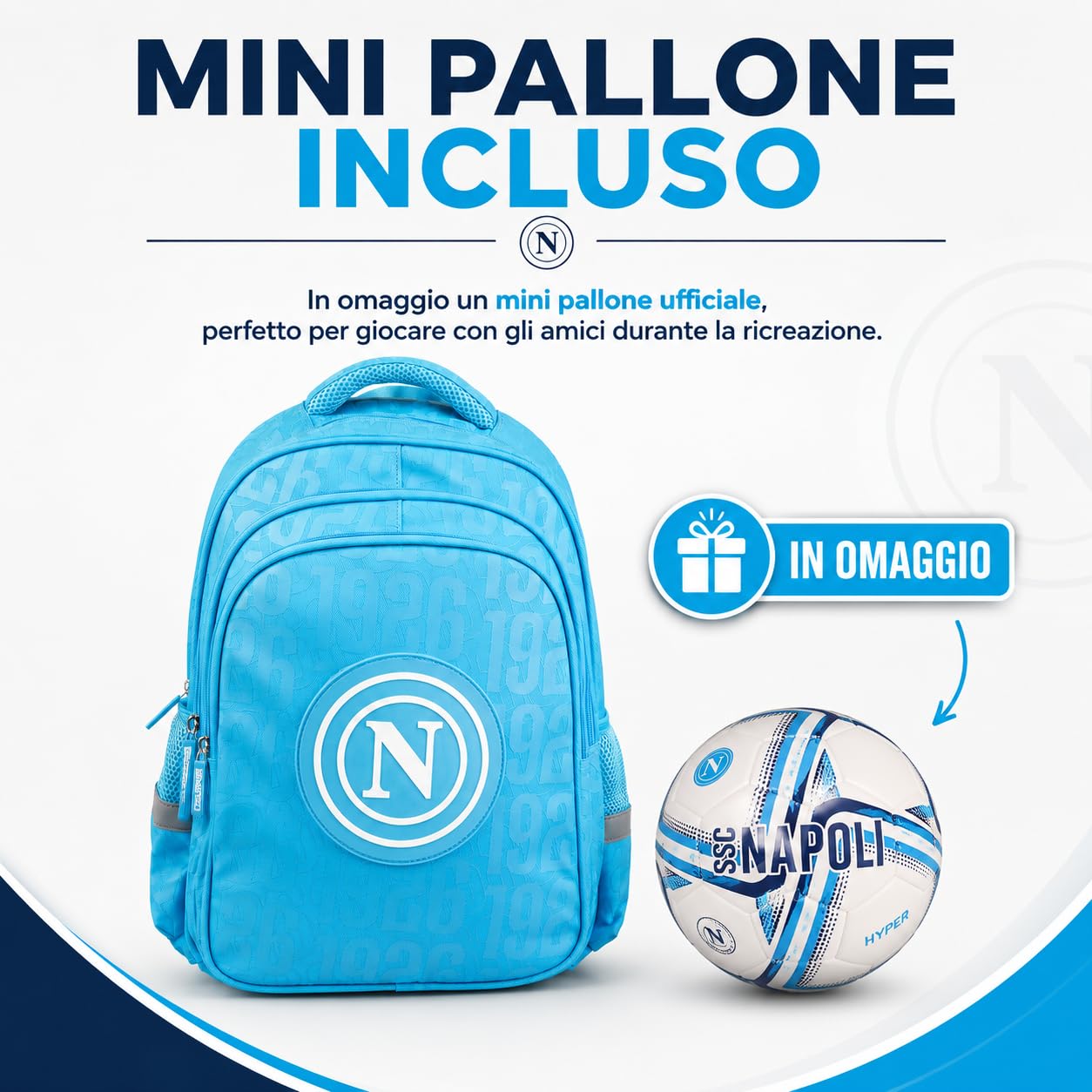Colourbook Zaino Scuola Napoli Pallone Omaggio (Blu) | Quattro scomparti zip, Tasca interna computer, Spallacci imbottiti regolabili, Tessuto alta resistenza, Calcio originale