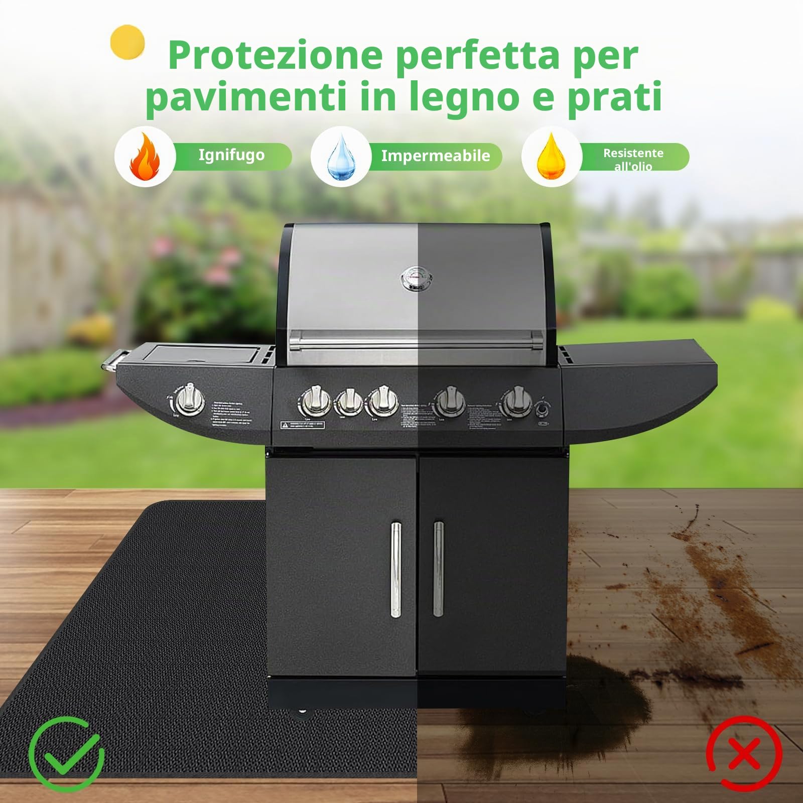 UBeesize Tappetino protettivo per il pavimento, 132 x 193 cm, ignifugo, resistente all'olio, impermeabile, antiscivolo, per barbecue, per esterni, prato, terrazza