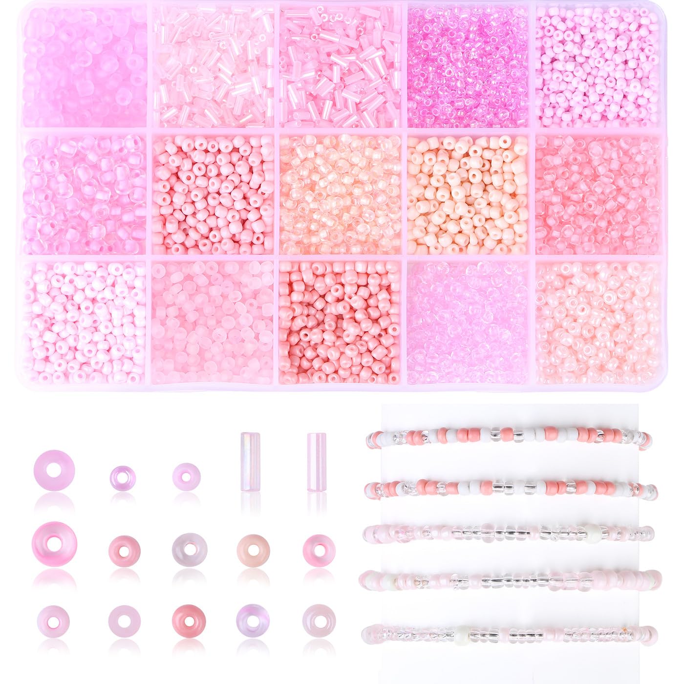 AWARDSEN Pink Seed Beads Small Tube Beads Embroidery Beads Kits 15 Color Pink Glass Beads for Jewellery Making DIY Crafting 4mm 3mm 2mm Small Bead