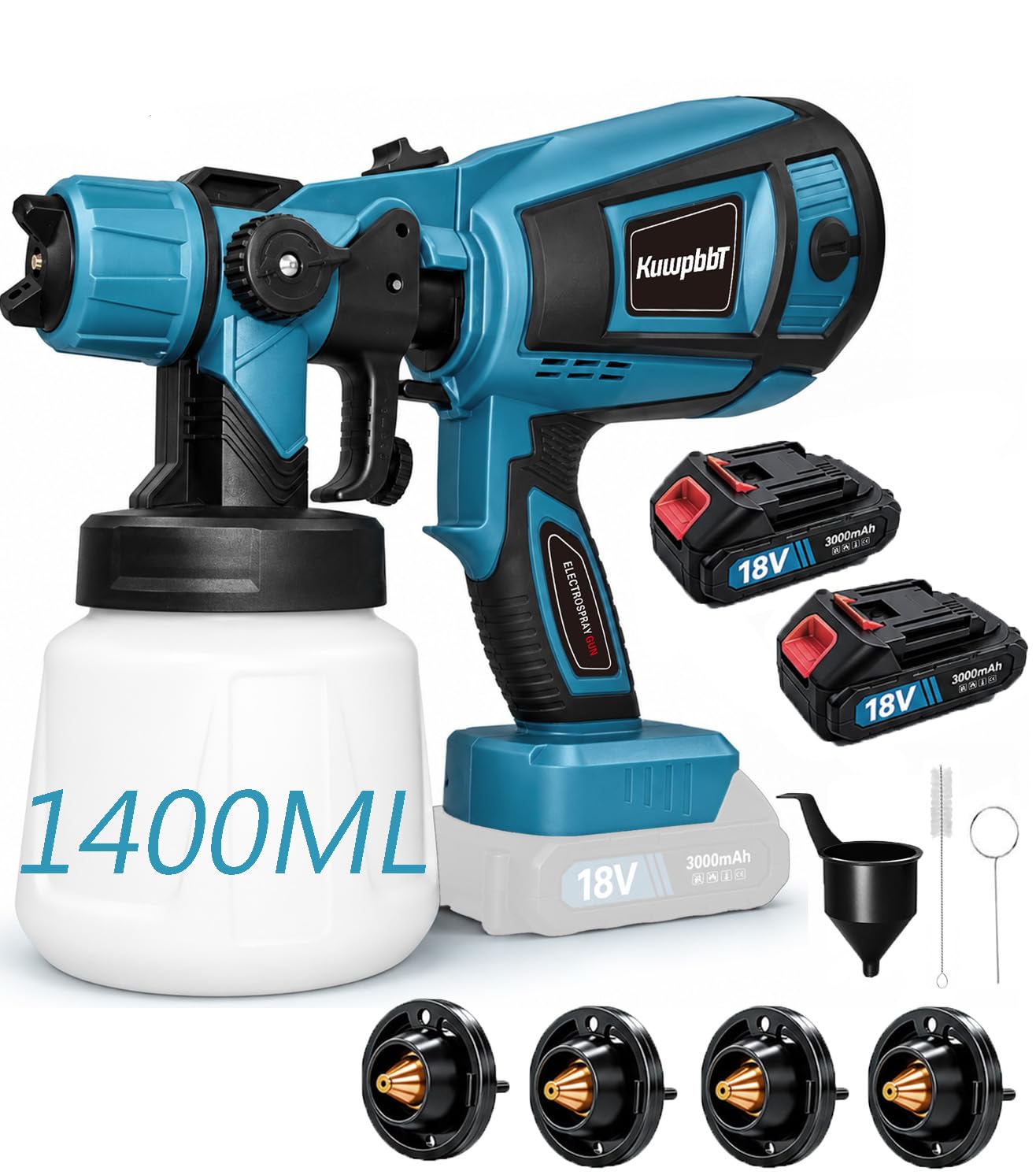 Cordless Paint Sprayer with 2 * 3.0Ah Batteries, Compatible with Makita, Paint Spray Gun with 1400ML Container with 4 Nozzles and 3 Patterns, Spray Paint Gun for Walls, Fences, Wood and Ceilings