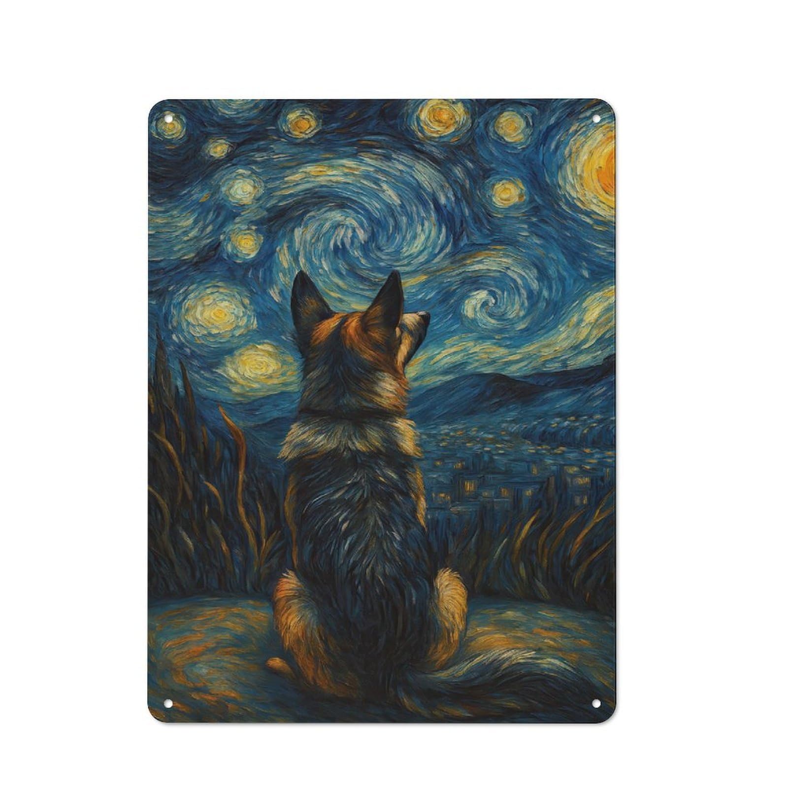Junmoney Dog At Starry Night Retro Retro Metal Sign 40X30cm Featuring Garage Wall Decor For Garage, Hobby Room, Office Or Man Cave