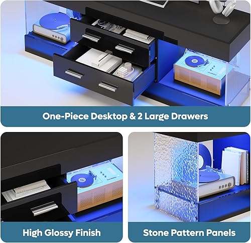 Miniatura 3 de Bestier Moderno soporte de TV de 60 pulgadas para TV de 65/60/55+, centro de entretenimiento negro brillante con 2 cajones y luces LED, paneles