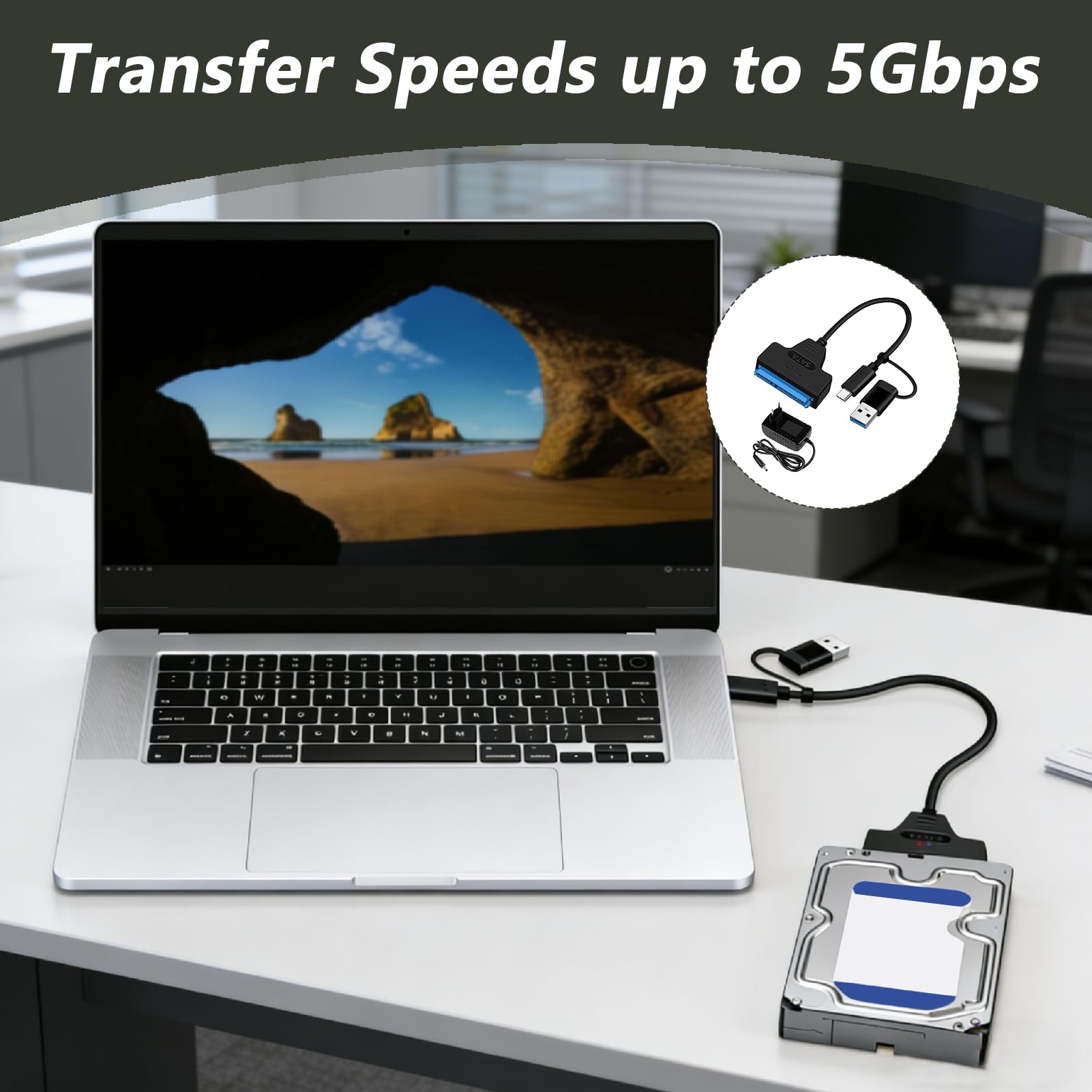 SATA USB Adapter, USB 3.0 auf SATA Adapter für 2,5 und 3,5 Zoll HDD SSD mit 12V 2A Netzteil, UASP Unterstützung bis 5 Gbit/s, Externe Verbindung für interne Laufwerke, kompatibel mit Windows Mac Linux
