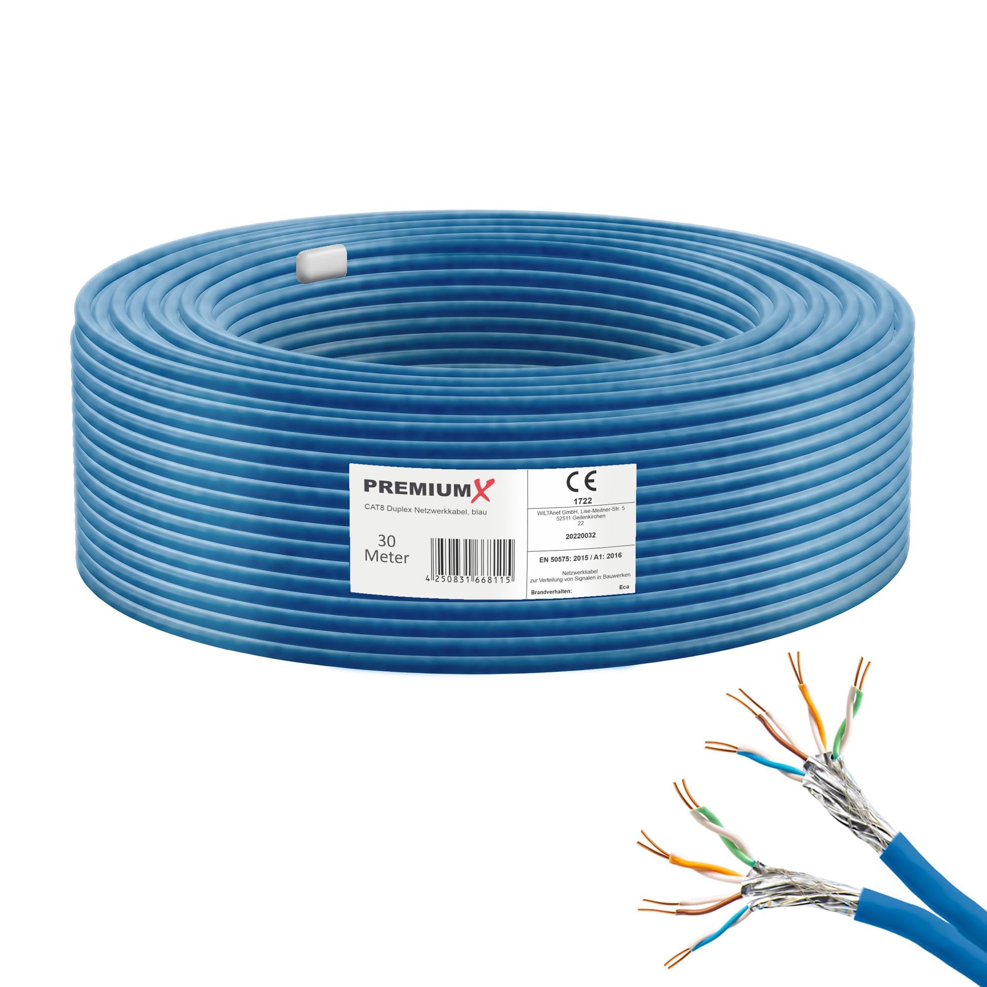 Premium X 30m CAT 8 Verlegekabel | 40Gbit 2000MHz | S/FTP PIMF AWG22 Reinkupfer | Eca LSZH FRNC Halogenfrei | Profi LAN Netzwerk Datenkabel Duplex
