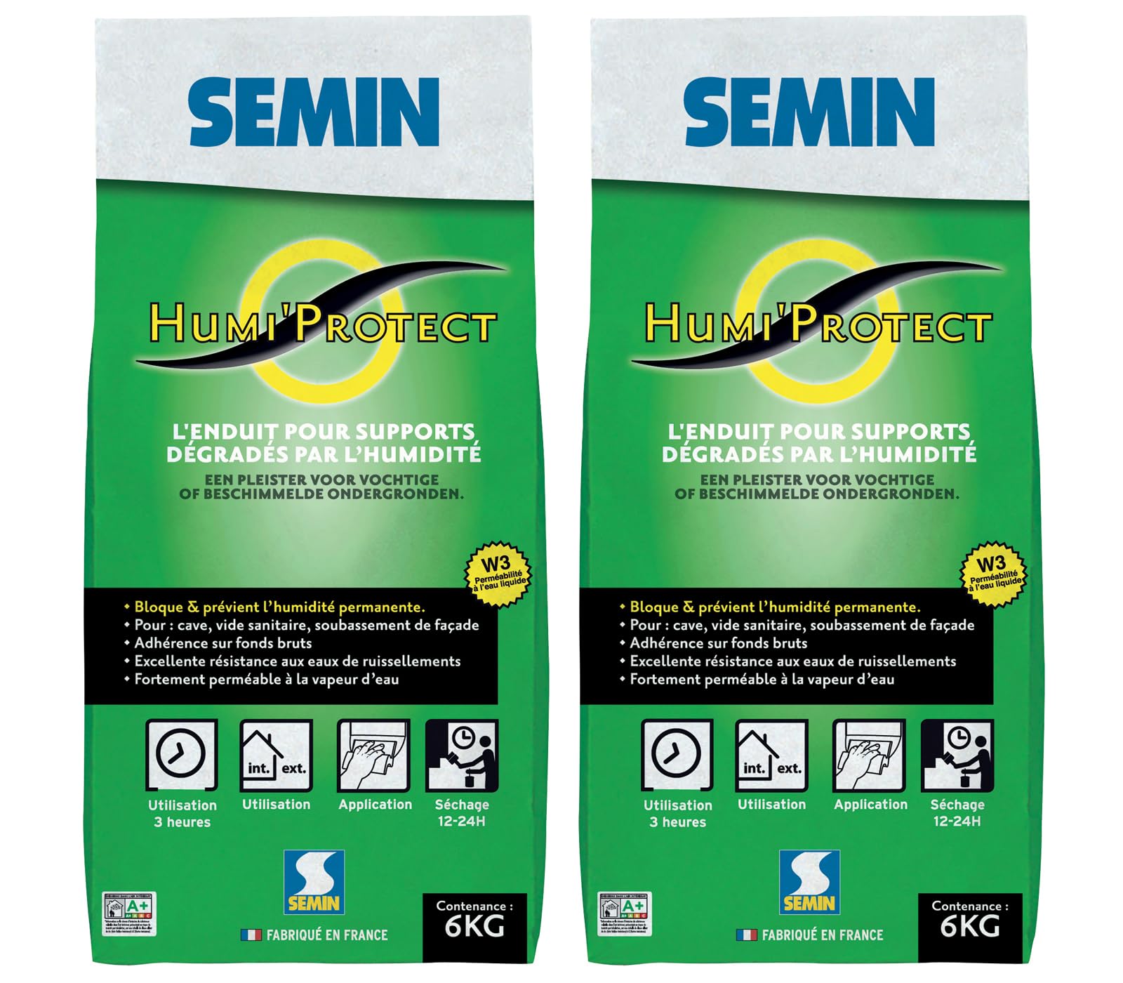 Semin Humi’Protect - Enduit Ciment Anti-Humidité - Traitement Maçonneries Humides - Intérieur & Extérieur - Cave, Sous-Bassement & Façade -Lot de 2 Sacs de 6 kg