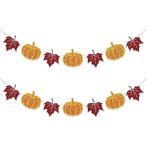 Fall Decorations Home Thanksgiving decor - Pumpkin and Maple Leaves Sign Fall Autumn Harvest Garland Hanging Bunting Banner(Pre-Strung)
