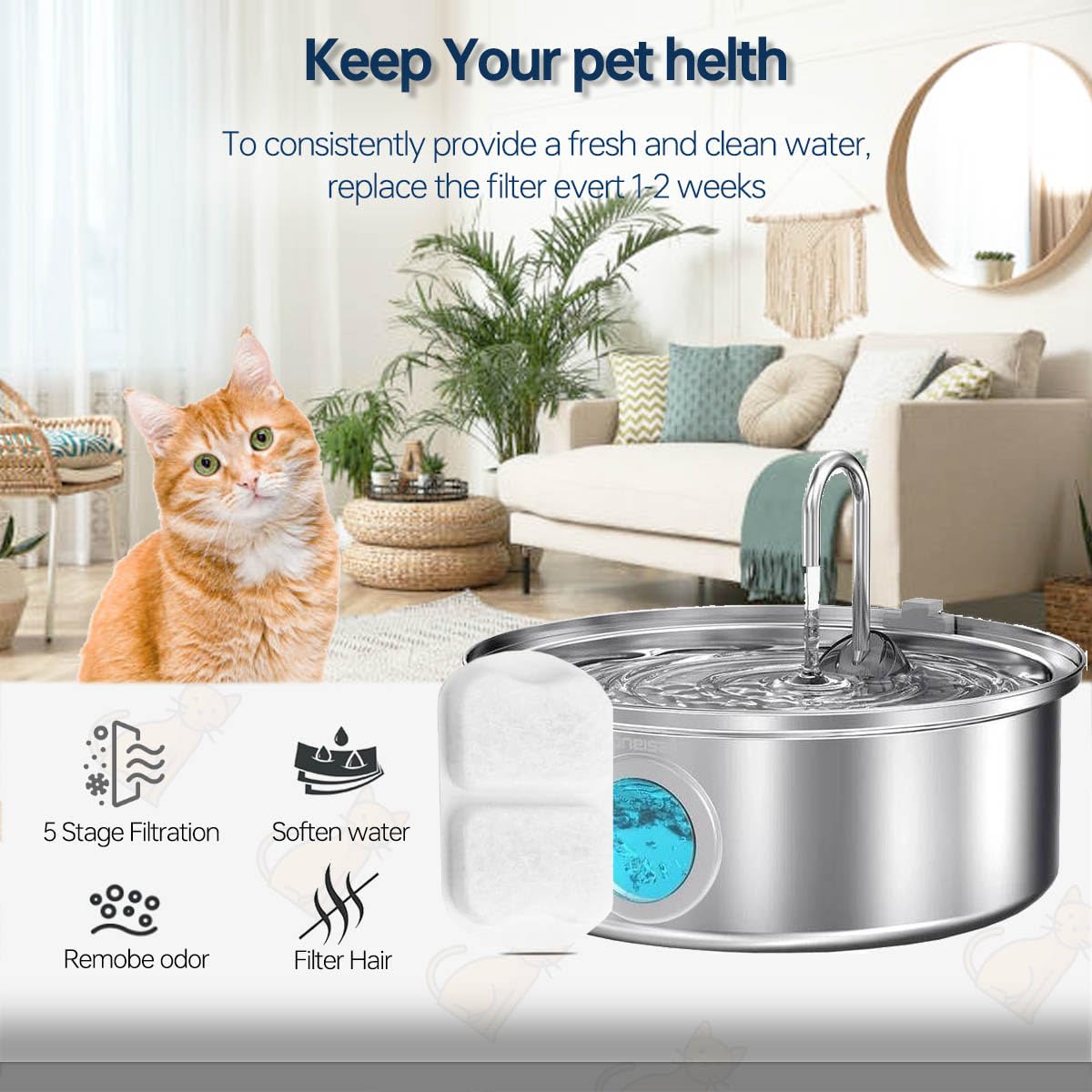 Filtro para fuente de agua para Oneisall 7L PWF-002 perros grandes de acero inoxidable, Compatible con la fuente de agua para perros Oneisall PWF-002, 8+8+8+1 piezas por juego