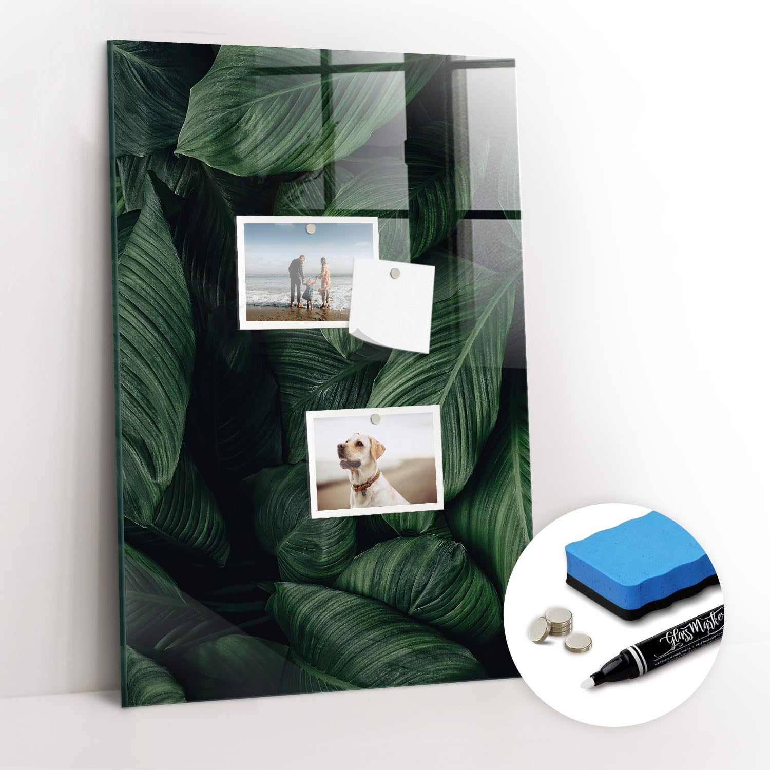 Glas-Whiteboard magnetisch inkl. Neodym-Magnete, Marker & Schwamm | Kratzfest, abwischbar & modern | Für Arbeitszimmer, Schule & Küche - 40x60 - Dschungel aus Pflanzenblättern