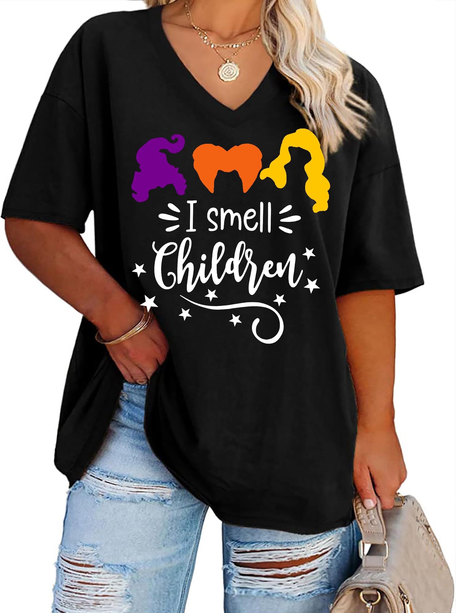 QAUNPlus Size Halloween Shirts Women Hocus Pocus T-Shirt Sanderson Sisters Graphic Tees Oversized Tops