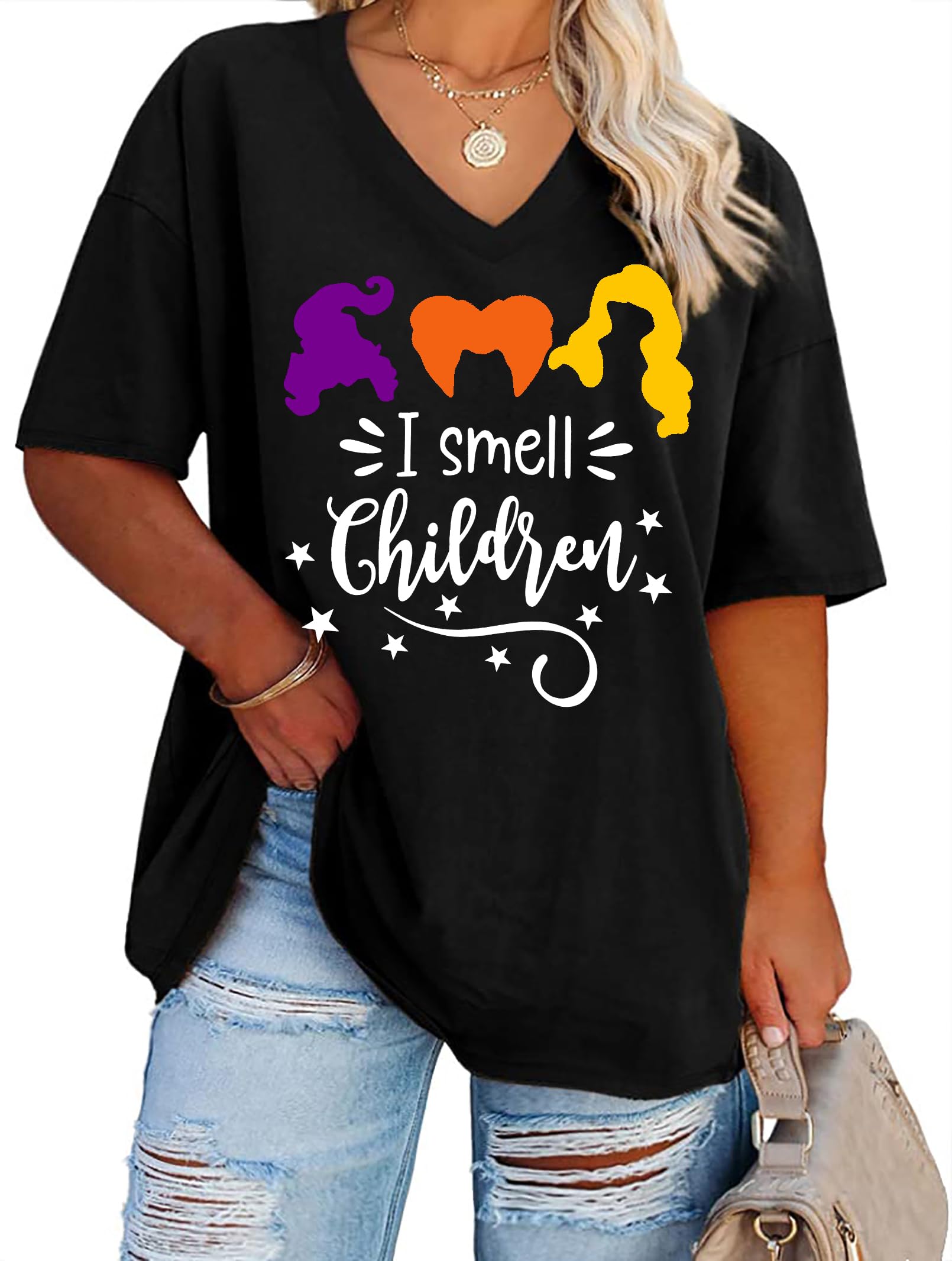 QAUNPlus Size Halloween Shirts Women Hocus Pocus T-Shirt Sanderson Sisters Graphic Tees Oversized Tops