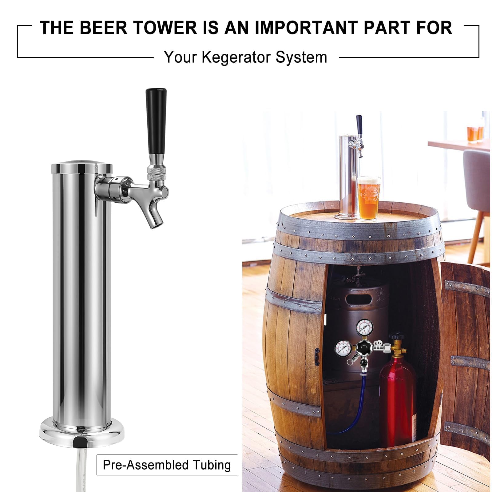 Torre de cerveza de barril de un solo grifo, grifo de cerveza de un solo núcleo de acero inoxidable pulido Kegernator de 3 pulgadas con brida de 3 pulgadas, kit dispensador de cerveza casera