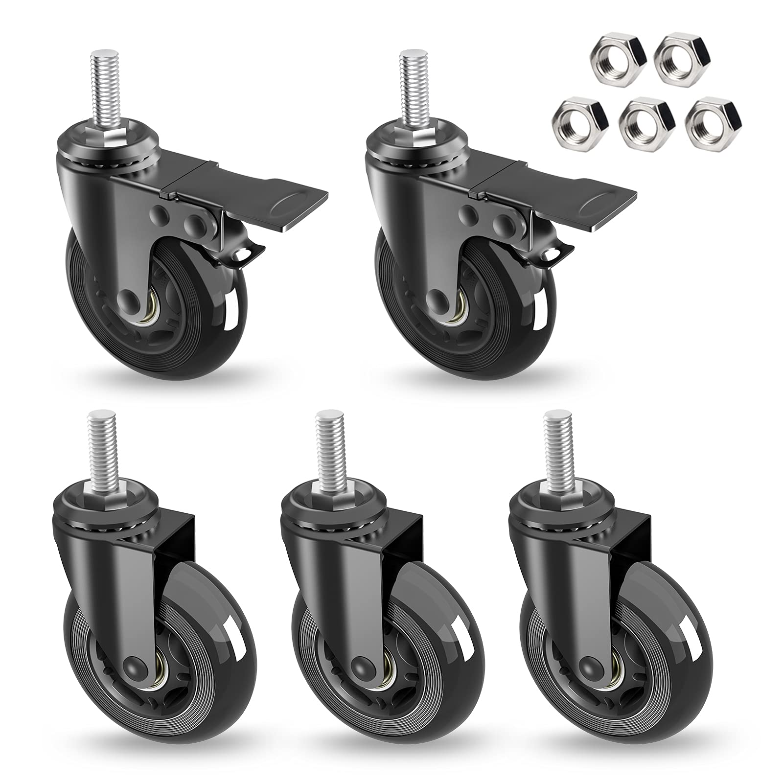 MALLLALA Caster Wheels Sets 5 (2 w Safety Dual Brakes,3 No Brake),3 inch Heavy Duty Swivel Castors with 3/8"-16UNC Threaded Stem,No Noise Rubber Wheel
