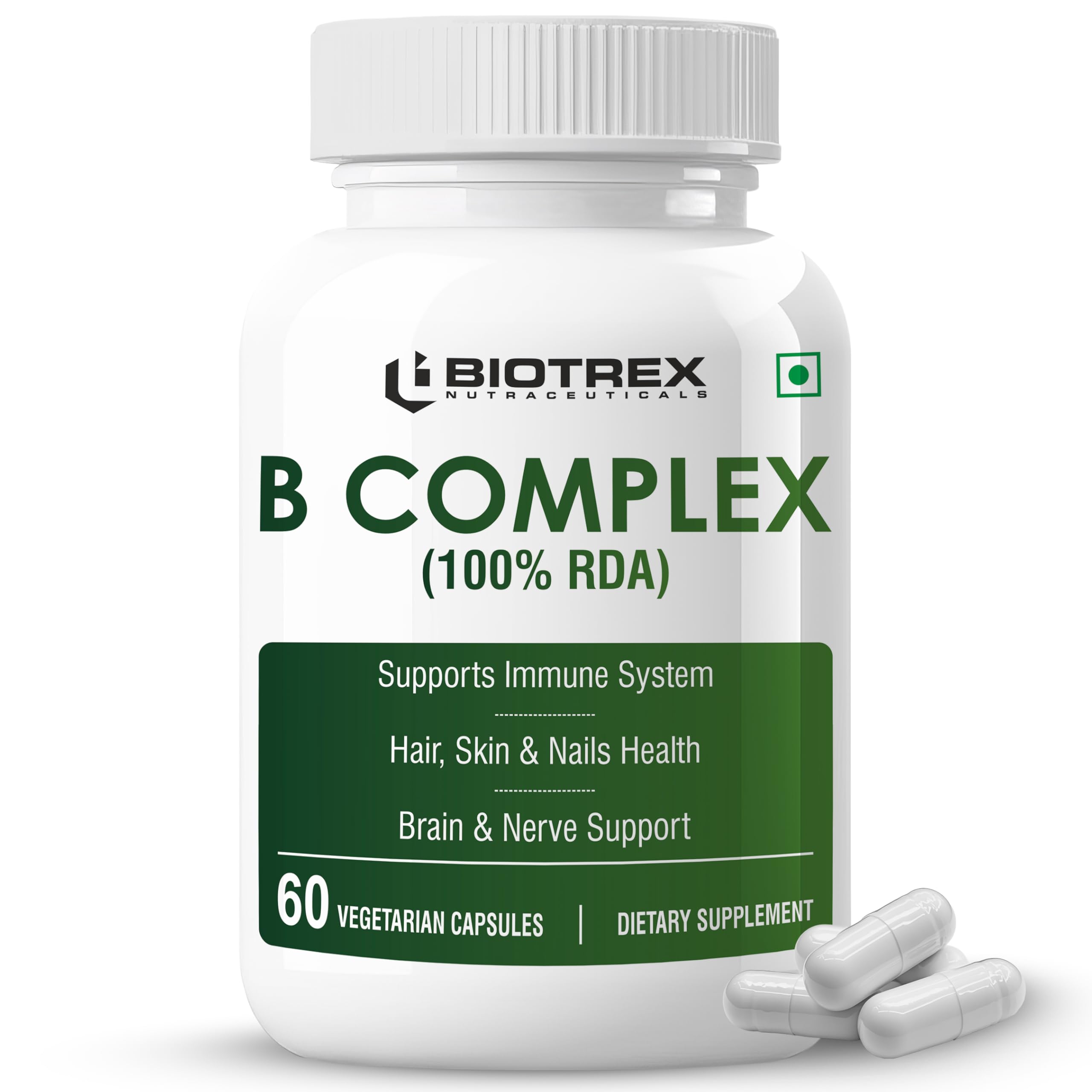 Biotrex Nutraceuticals B Complex Supplement Vitamin B1, B2, B3, B5, B6, B7, B8, B9, B12 & Vitamin C | 100% RDA | Supports Immune System | Hair, Skin & Nails Health | Daily | Brain & Nerve Support - 60 Veg Capsules-picture-16