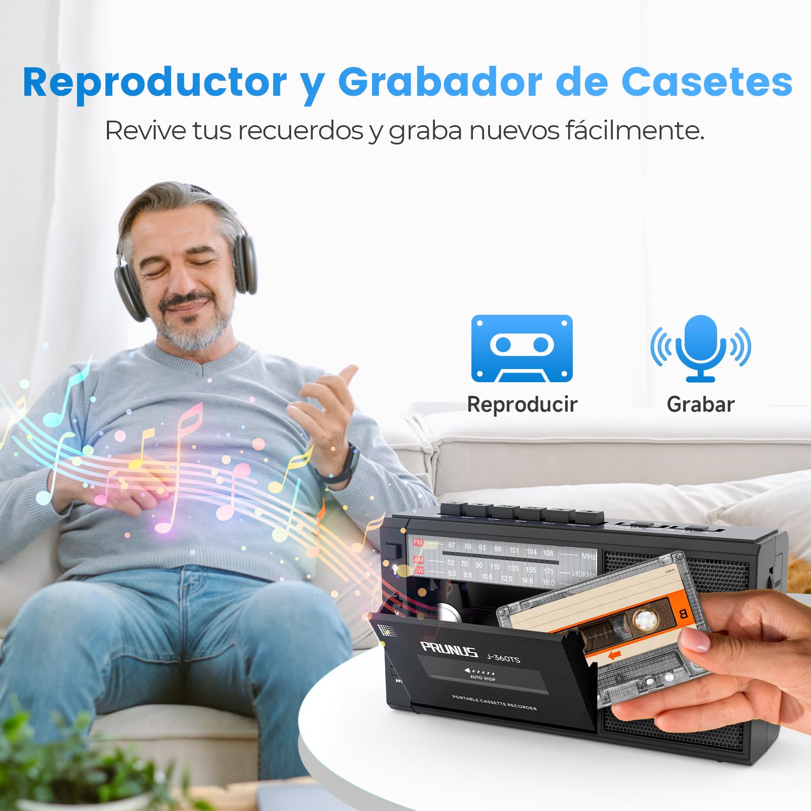 PRUNUS J-360 Reproductor Cassette con Bluetooth, Am/FM Radio Solar y Recargable, Radio Cassette Player con Toma de Auriculares, Reproductor de TF/USB.