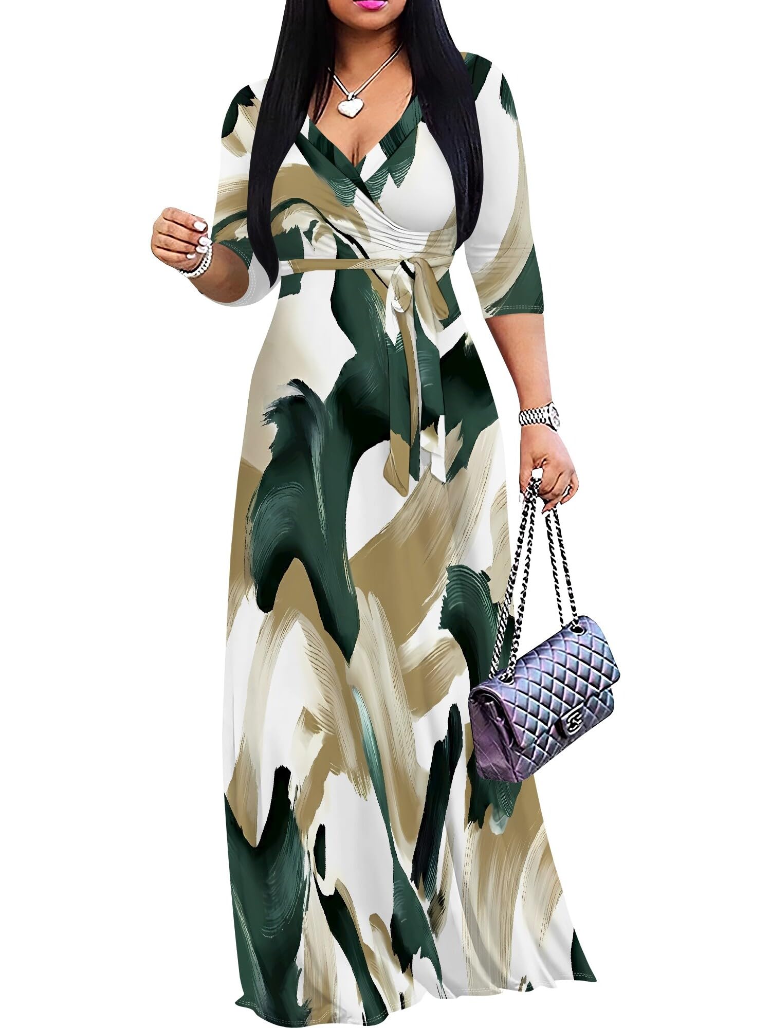PinkPatty Women's Print Maxi Dresses 3/4 Sleeve Flowy Long Dress V Neck Wrap Tie Waist Sundress