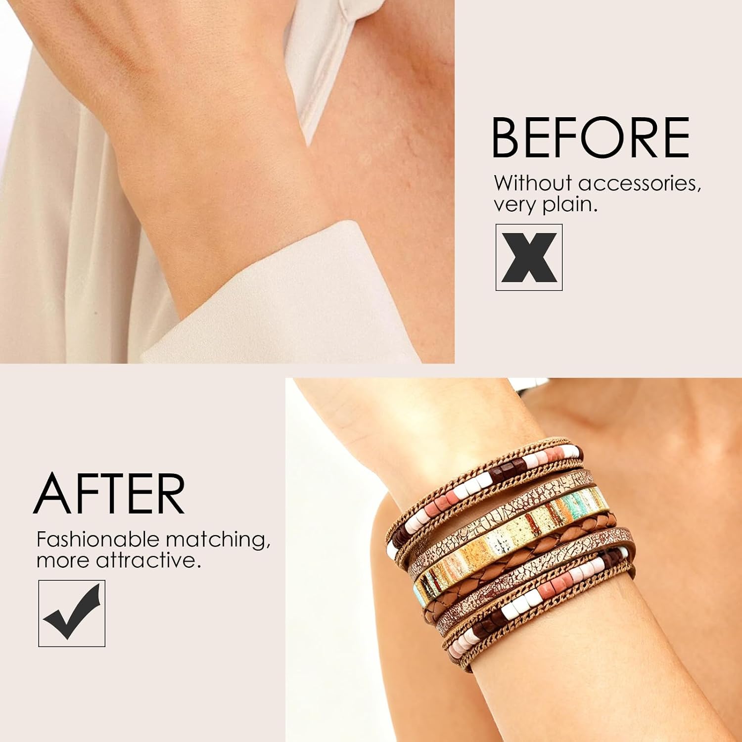 Leather Wrap Bracelets for Women, Boho Leopard Multi-Layer Crystal Beads Cuff Jewelry Gift