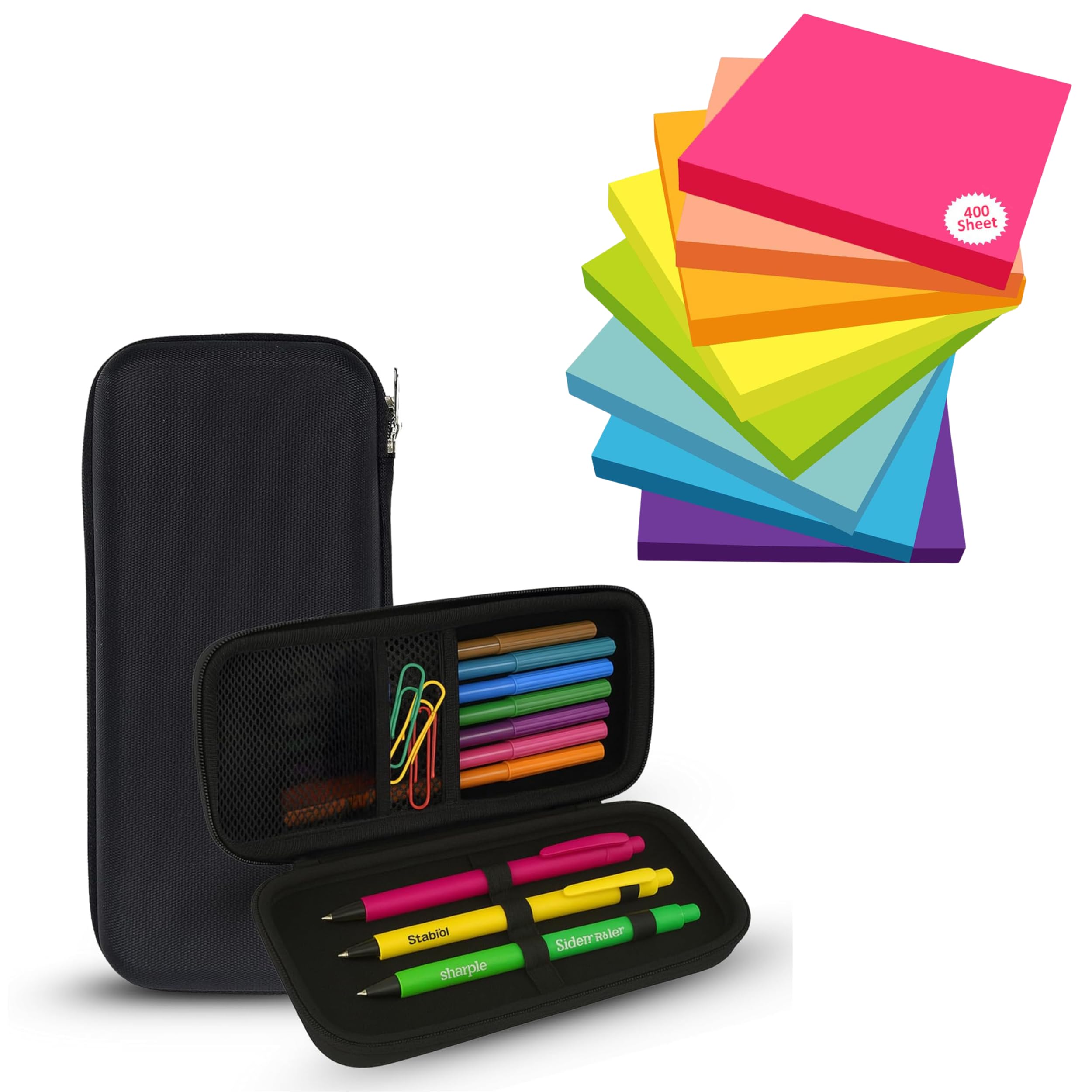 OFIXO Juego combinado – Notas adhesivas coloridas (400 piezas) y estuche rígido – Ideal para la escuela, la oficina y los suministros de arte