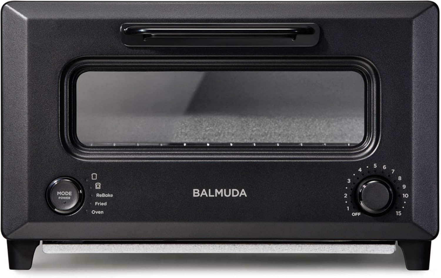 Front view of the BALMUDA Rebaker Black Toaster Oven with controls.