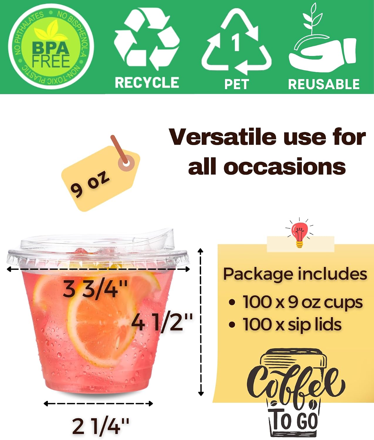 100 Pack 9 oz Clear Plastic Cups with Strawless Sip Lids, Disposable Cups Plastic Iced Coffee Cups, To Go Cups with Sip Through Lids for Smoothie, Milkshake, Cold Drinks for Party, Wedding, Event image 4