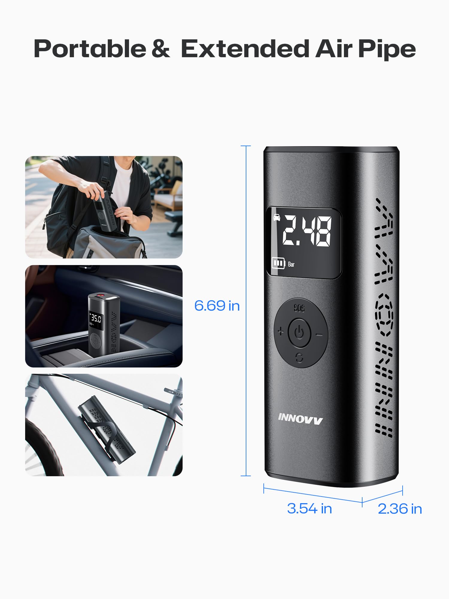 INNOVV P1 Elektryczna pompka powietrza, przenośna elektryczna pompka rowerowa z cyfrowym wyświetlaczem ciśnienia opon i awaryjnym oświetleniem, 150 PSI, akumulatorowy napełniacz opon samochodowych do