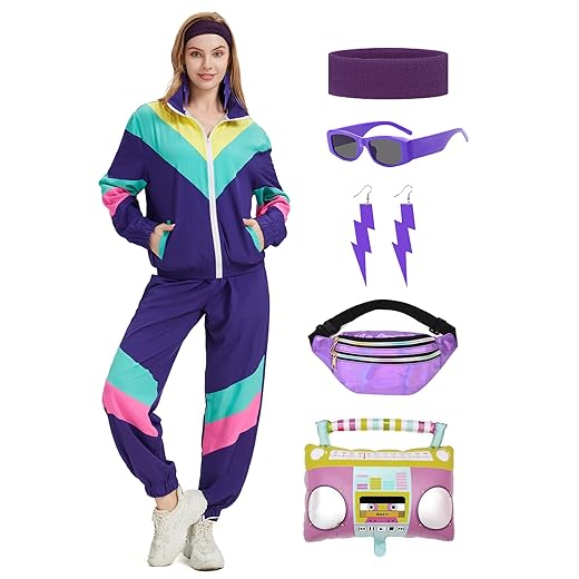 80s Tracksuit for Women Retro Windbreaker Outfit 90s Color Block Sportswear Set with Jacket Sweatpants