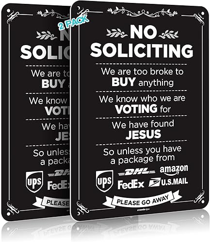 Paquete de 2 carteles de No Soliciting para casa divertidos de 8 x 5 pulgadas, letrero de no solicitar, PVC de alta calidad, resistente al sol,