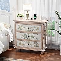 VINGLI Boho Washed White 3-Drawer Dresser with Charging Station, Solid Wood Legs, Silent Slides & Floral Carved Fronts