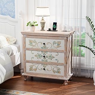 VINGLI Washed White Dresser with Charging Station, 3 Drawer Dresser Boho Wood Chest of Drawers, Wooden Dressers with Drawers and Solid Wood Legs