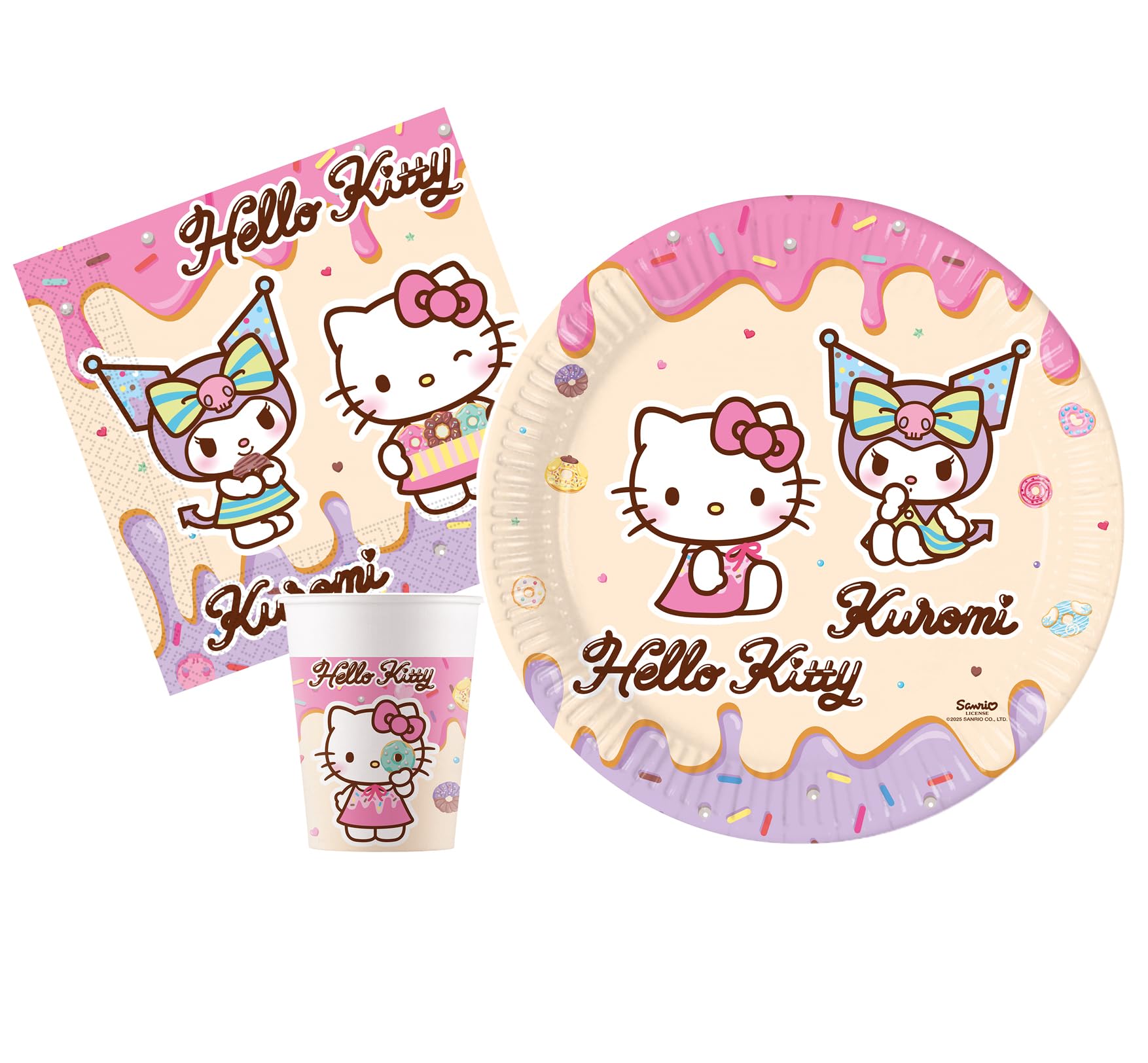 Ciao - Hello Kitty & Kuromi People Party Table Kit (88 Pieces Plates Ø23cm, 24 Glasses 200 ml, 40 Napkins 33 x 33 cm), Pink, Purple, Beige, AZ094