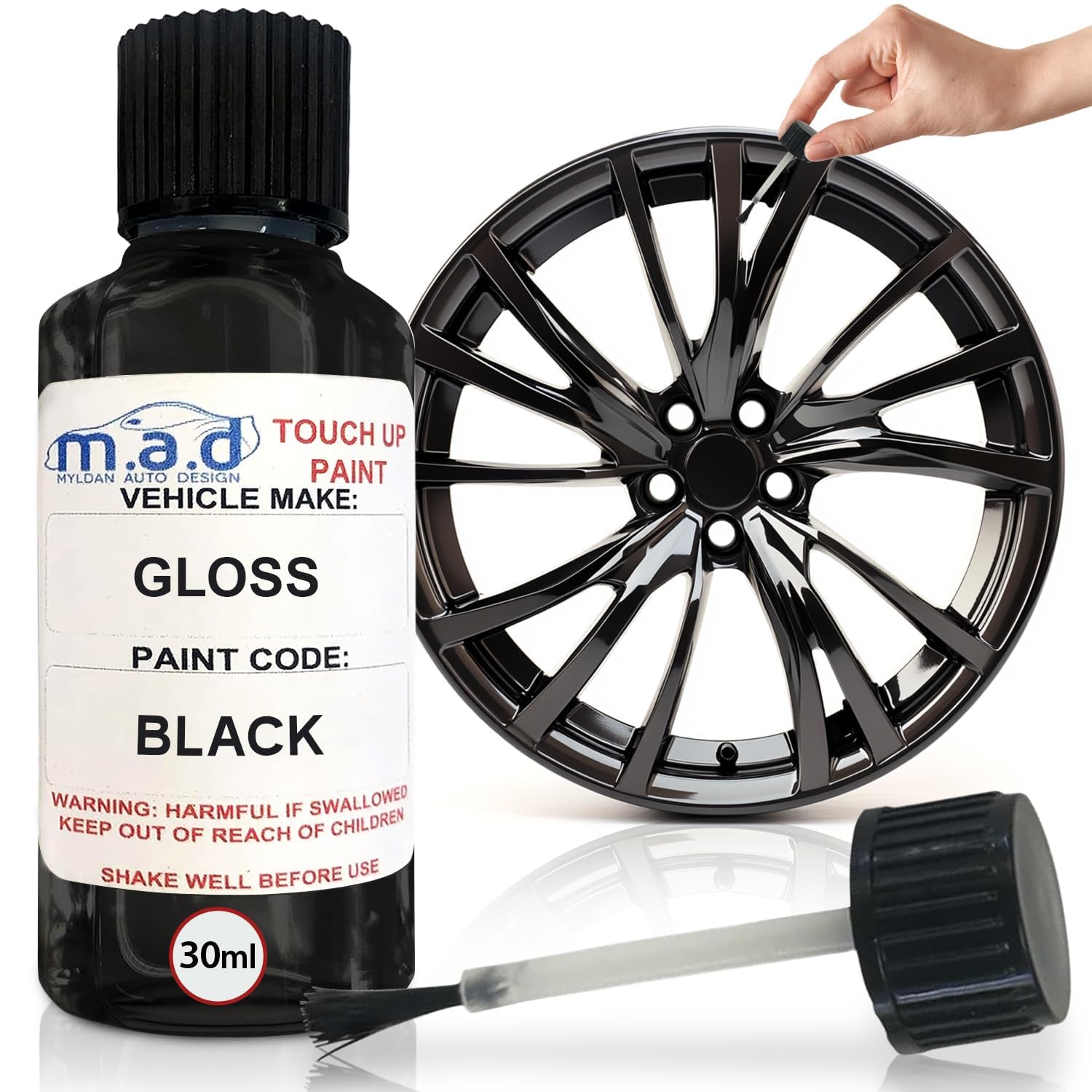 M.A.D Gloss Black Alloy Wheel Touch-Up Repair Kit - 30ml Gloss Finish Paint with Brush for Curbing Scratches & Scuffs - Chip-Resistant, Helios Formula
