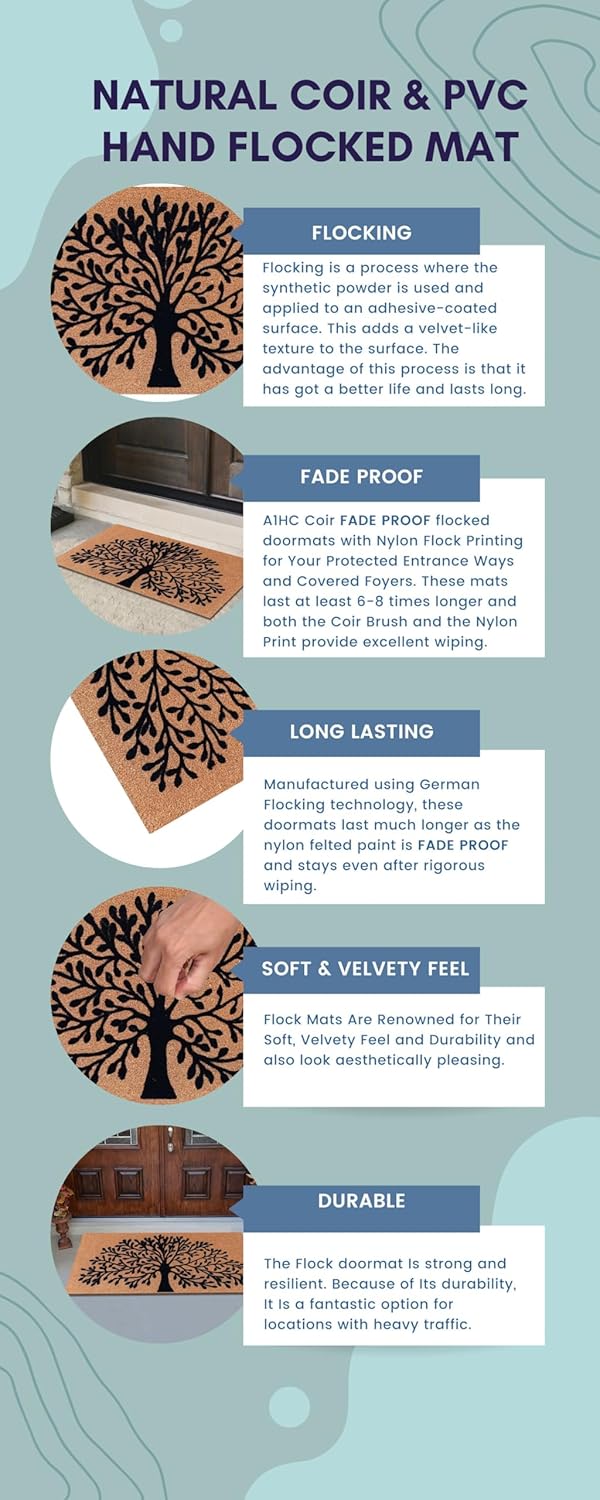 A1 Home Collections Coir Flocked & PVC Backing Doormat, Tree of Life Flocked, 24"X39", Non-Slip, Heavy Duty, Low Profile
