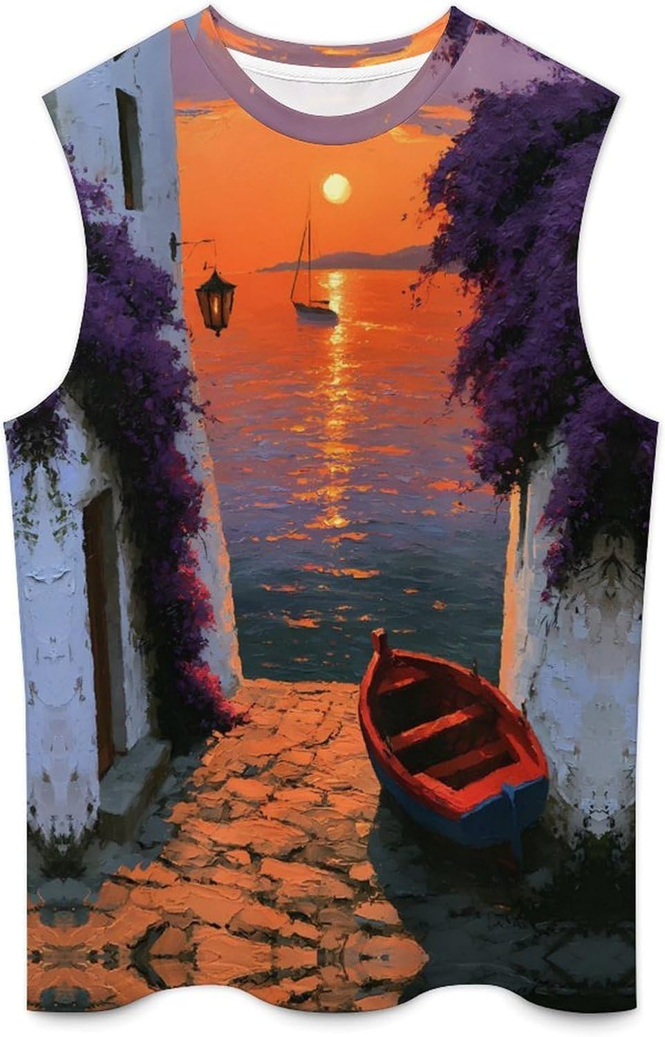 Mediterranean Bougainvillea Sunset Men Summer Sleeveless Crew Neck Top 5XL