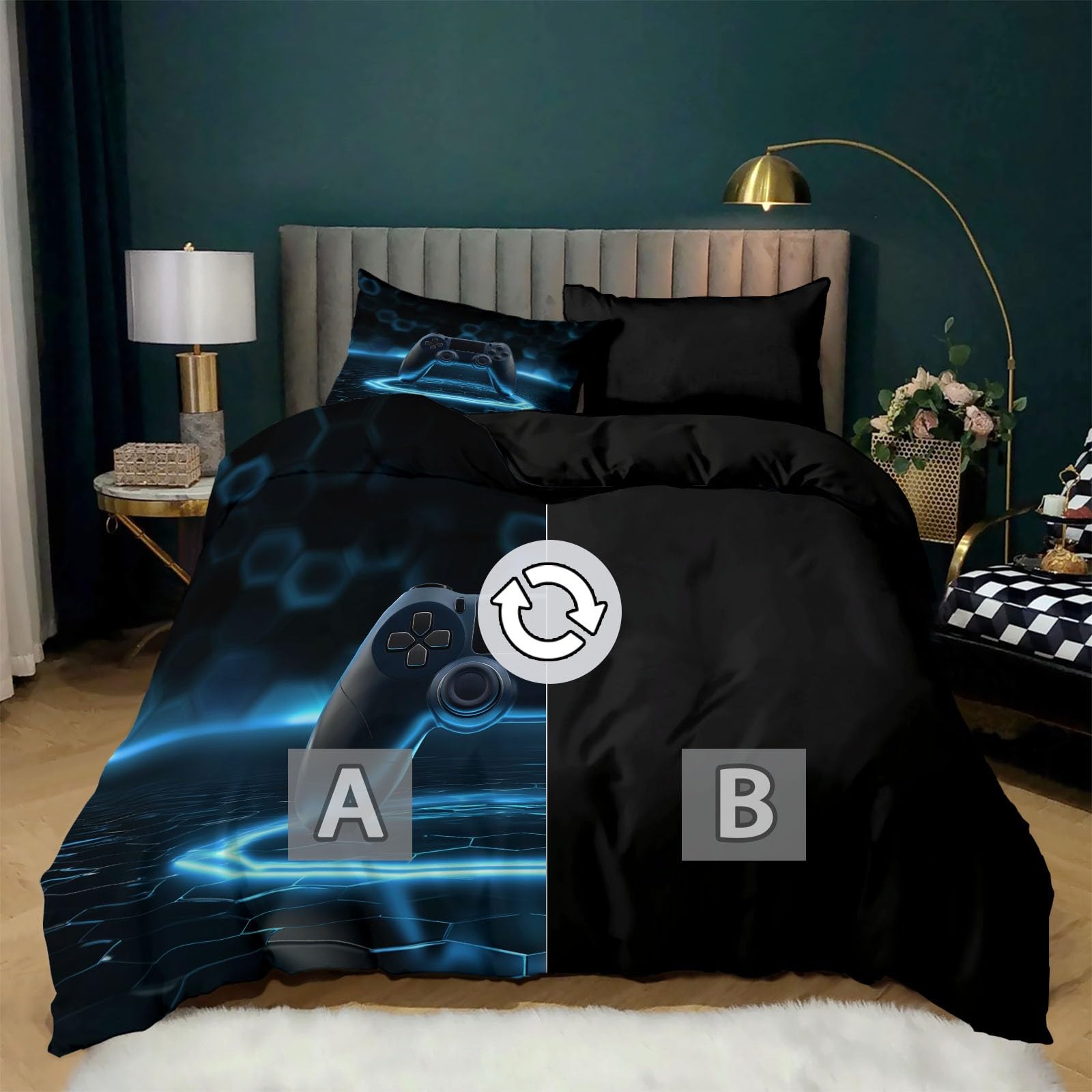 Funda Nórdica 3D Mando Juego Gaming Rejilla Hexagonal 200 x 200 cm - Negro Juego de Cama 3 Piezas para Cama 105 Microfibra Suave con Cierre de Cremallera, para Habitación Adolescente Niño