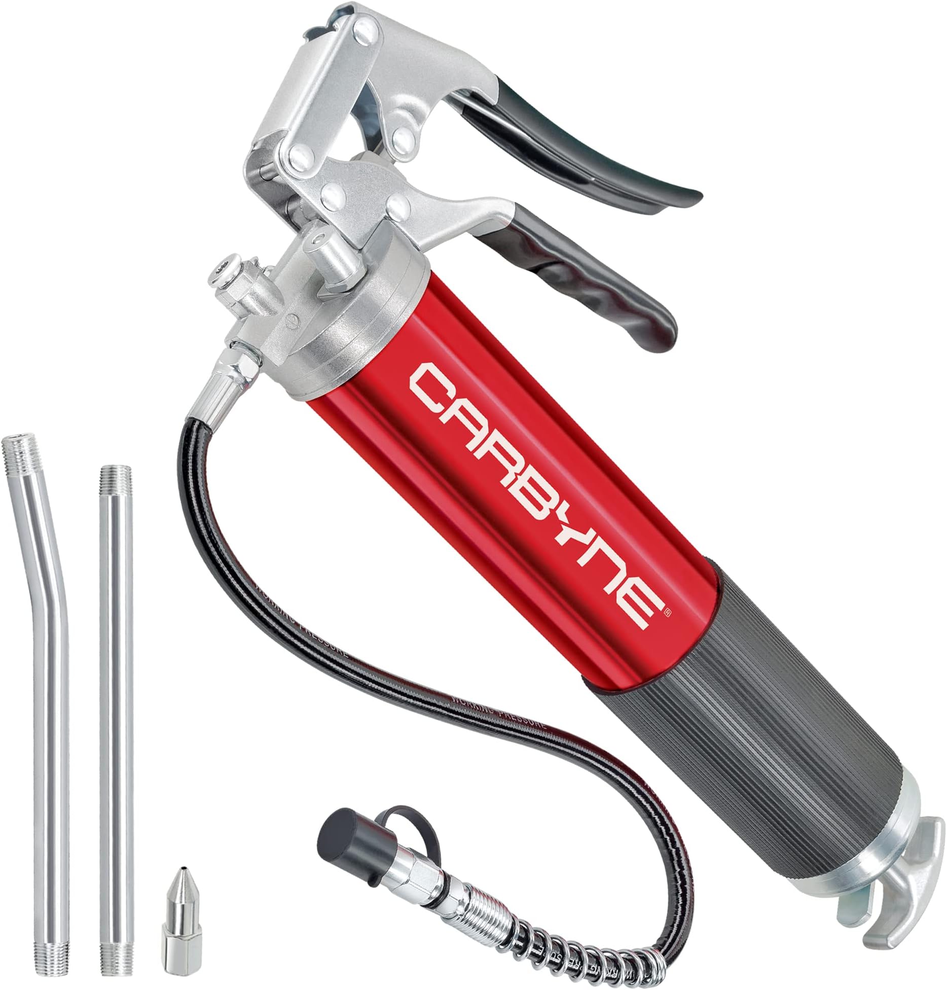 Carbyne Grease Gun, Pistol Grip, 7500 PSI, Anodized Aluminum Barrel, 3-Way Loading, 18 in. Hose, Straight and Angled Tubes, Needle Nozzle, Coupler