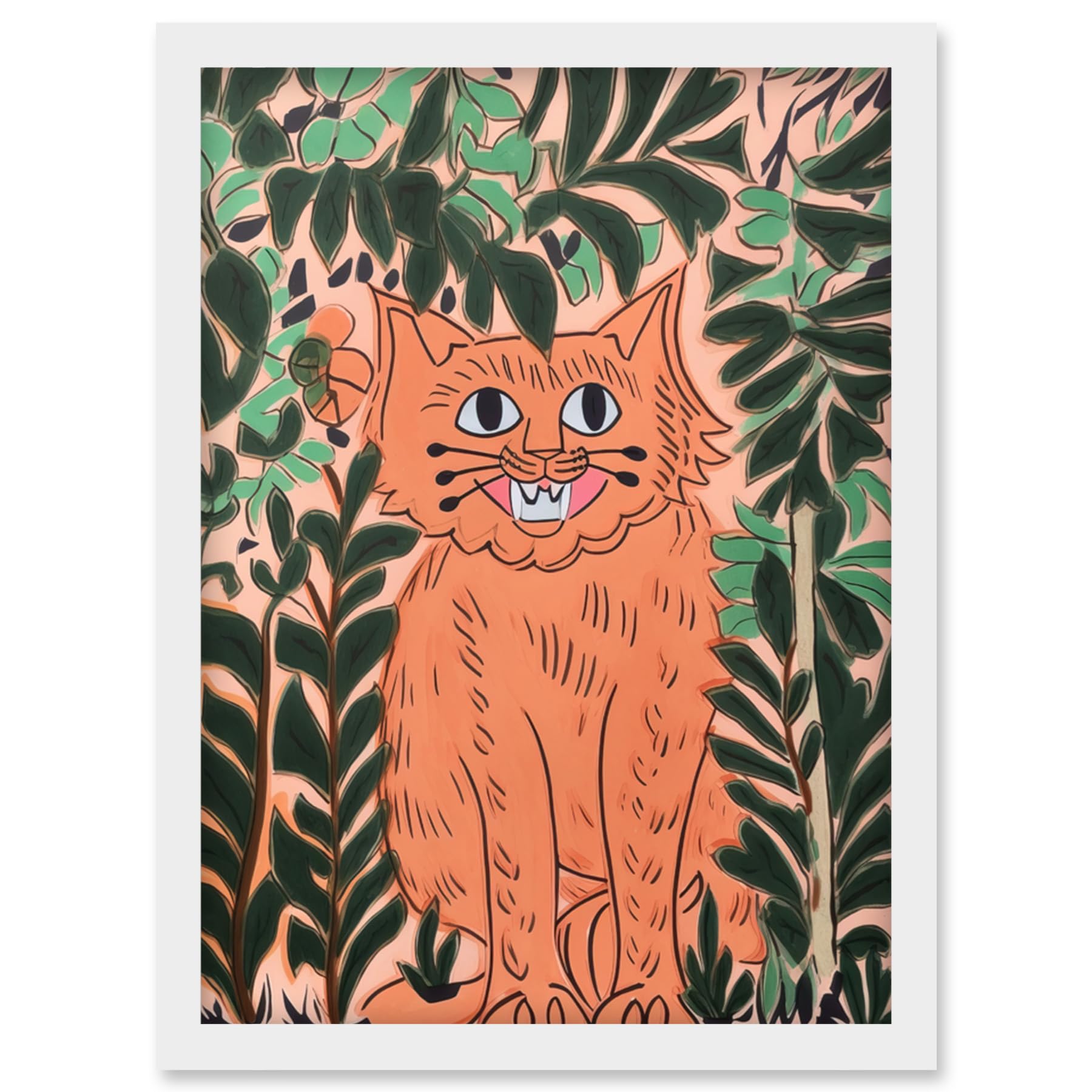 Artery8 Ginger Orange Tabby Cat in Plants Modern Folk Art Artwork Framed Wall Art Print A4