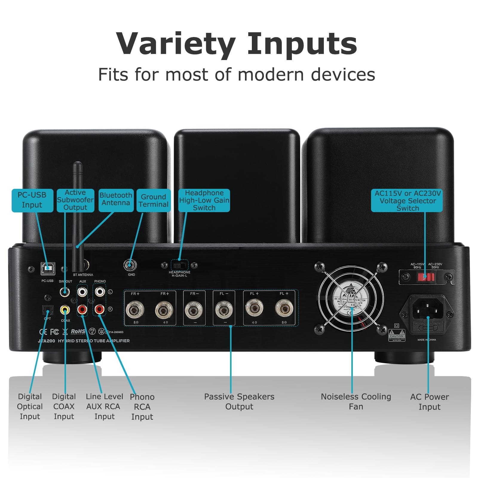 Juson Audio JTA200 150W RMS x 2 | EL34 HiFi Class AB Hybrid Stereo | Amplificatore tubolare con BT 5.4, compatibile con giradischi e cuffie ad alta ohm | Amplificatore tubolare da 150 W x 2, Hifi Class AB stereo amplificatore EL34, amplificatore tubolare