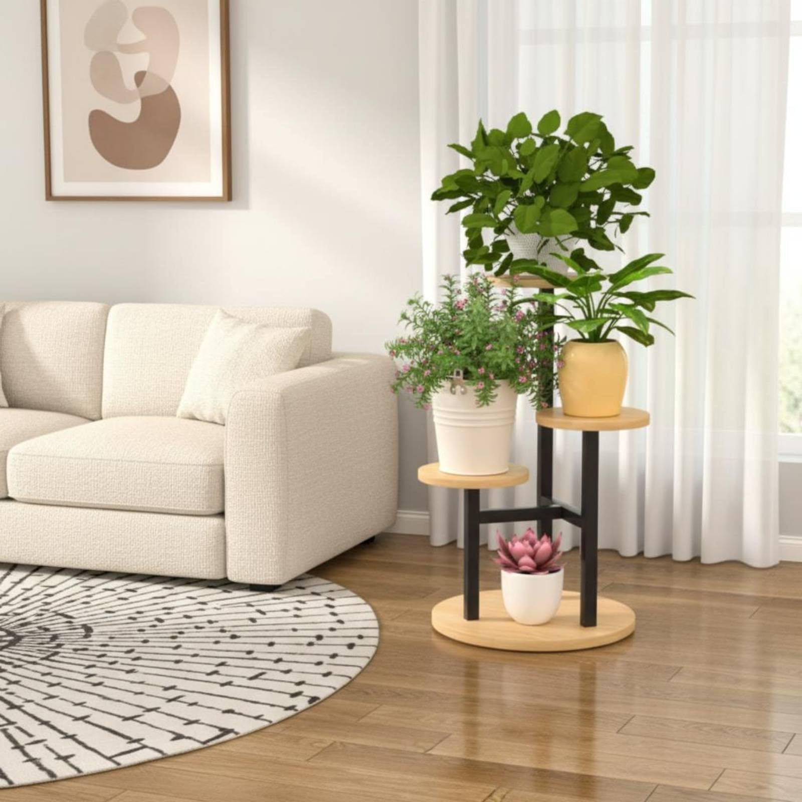 Estantería de Exhibición Soporte para Plantas Macetero Mueble Organizador de 4 Niveles Que Espacio Vertical y Aireación Adecuada para Salón Terraza , Nogal Claro+Blanco