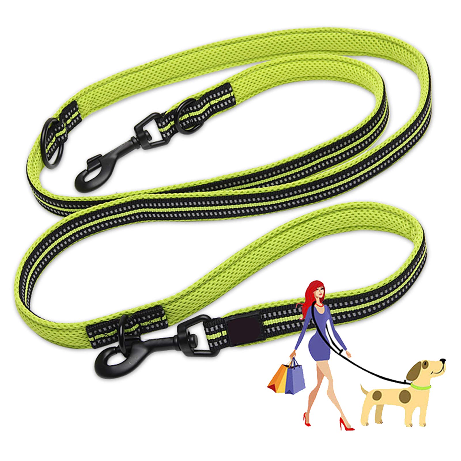 PJDDP Dog Lead Hands Free Dog Leash,Double Ended Dog Training Lead, Multifunctional Strong Nylon Reflective Rope for Running Walking Hiking Biking for Large Dogs Or Medium Dogs,Green,S