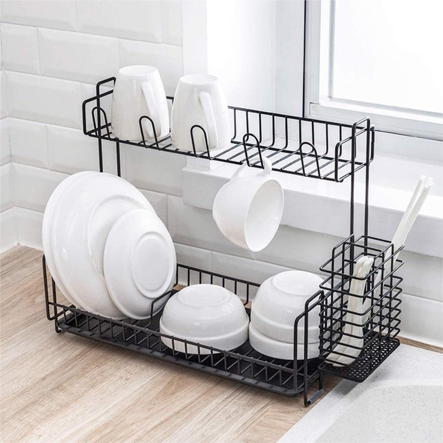 Scola Piatti Scolapiatti Multifunzionale A 2 Livelli Tazza Stoviglie Ciotola Conservazione della Cucina Asciugastoviglie(Black)