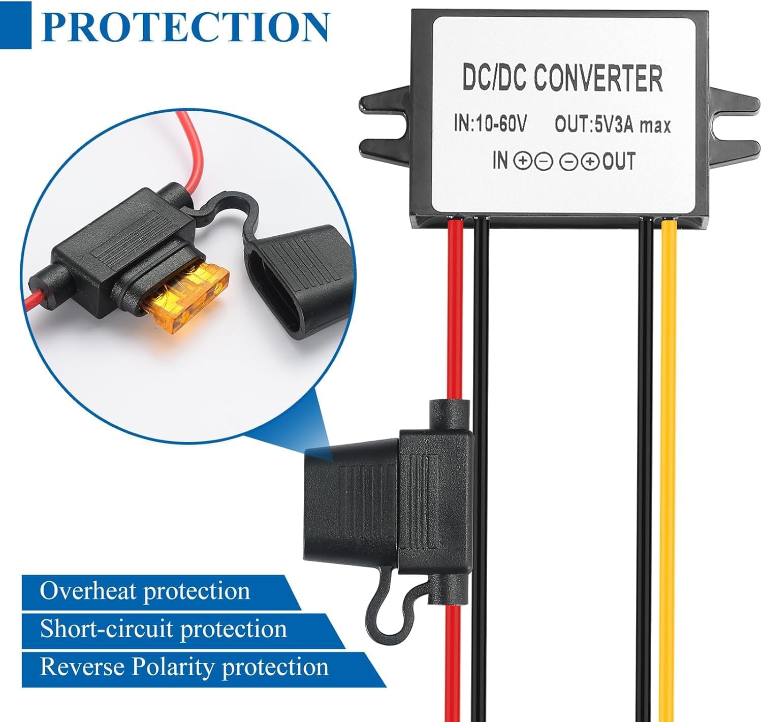 10-60V to 5V DC/DC Buck Converter, 12/24/36/48/60V 5V3A 15W Waterproof Step Down Voltage Regulator with Fuse Protection for Electronics, IoT Devices, LED Lights & Industrial Automation