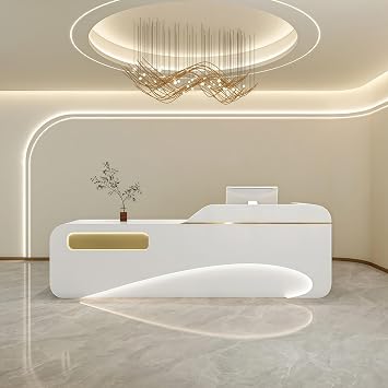 Reception Desk, Beauty Salon Checkout Counter with Hidden LED Lighting, for Clothing Store Bar Dental Clinics, Customizable Logo, No Need for Installation White