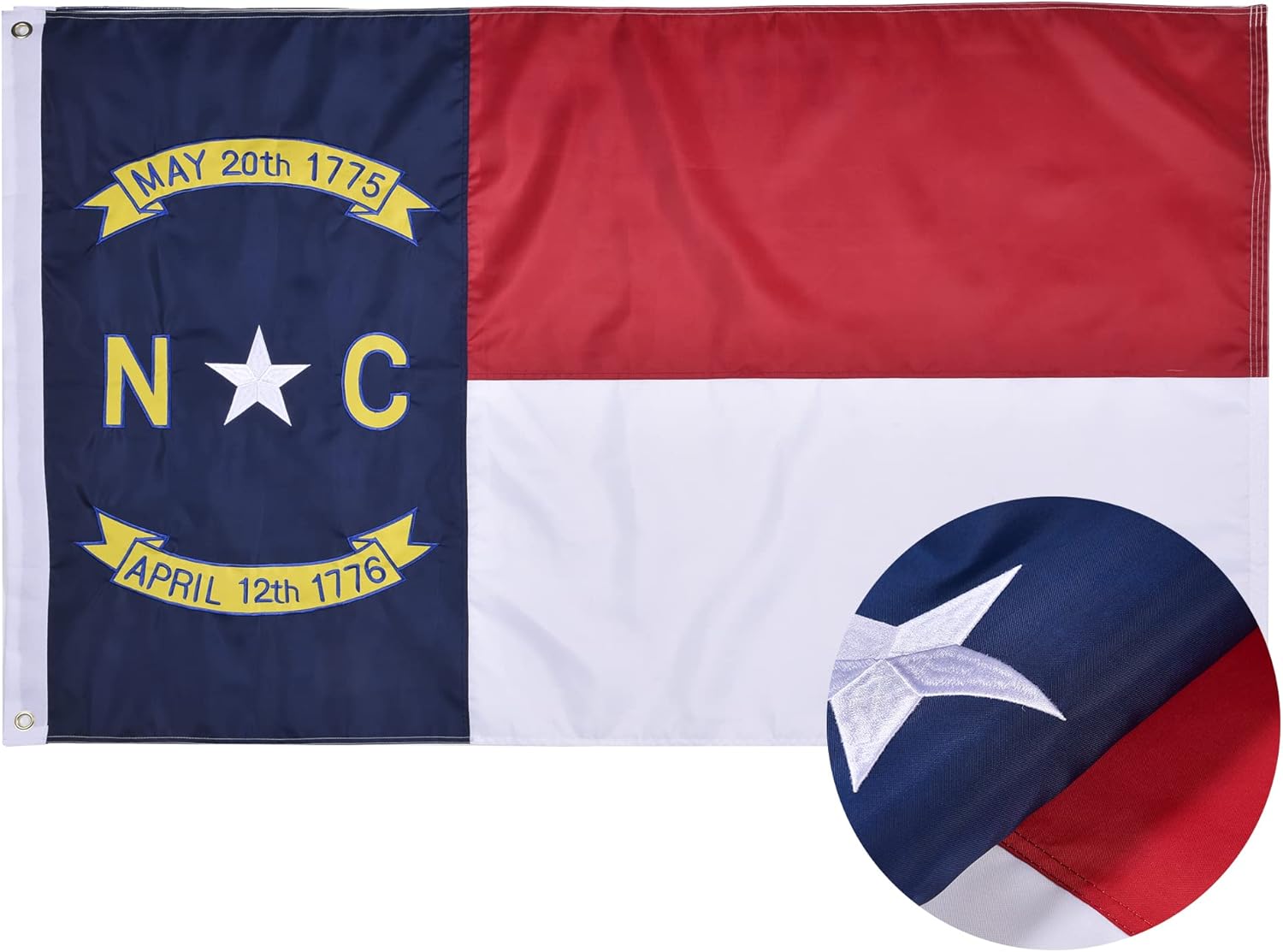North Carolina State Flag 3x5 Ft Deluxe Full Embroidered Heavy Duty Polyester Durable NC Outside Flag with Sewn Stripes and Brass Grommets for Indoor/Outdoor