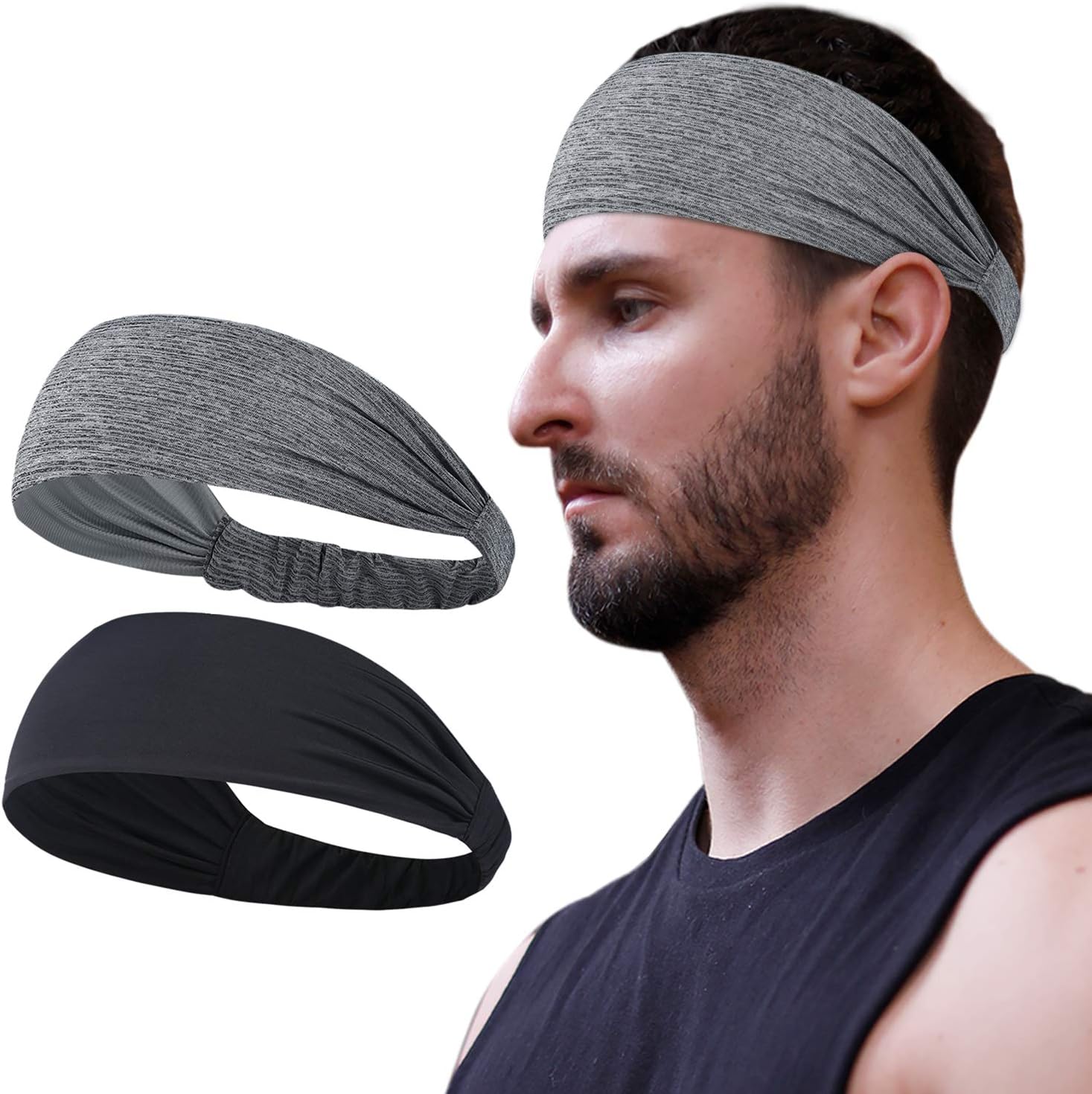 YOSUNPING Women's Yoga Sport Athletic Headband Sports Sweatband for Running Travel Gym Fitness Basketball Elastic Wicking Workout Non Slip Lightweight Multi Headscarf fits All Men and Women Black+Gary