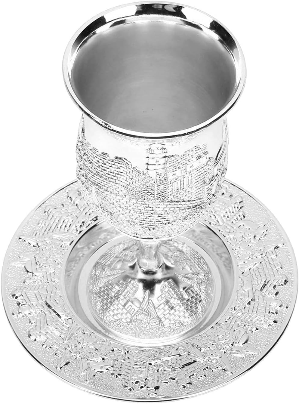 Generic Kiddush Cup Set Exquisite Vintage Wine Cup and Plate for Weddings Festivals, Handcrafted Zinc Alloy Stemmed Goblet Set for Family Gatherings, 15cm Tall, 2.76in Diameter Plate (Silver Color)